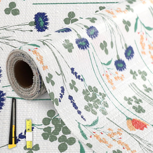 FINNEZ Shelf and Drawer Liner 17in x 10FT with Cutting Tool, Non Slip Non Adhesive Drawer Liners for Kitchen Cabinets, Waterproof Floral Cabinet Liner for Shelves, Refrigerator