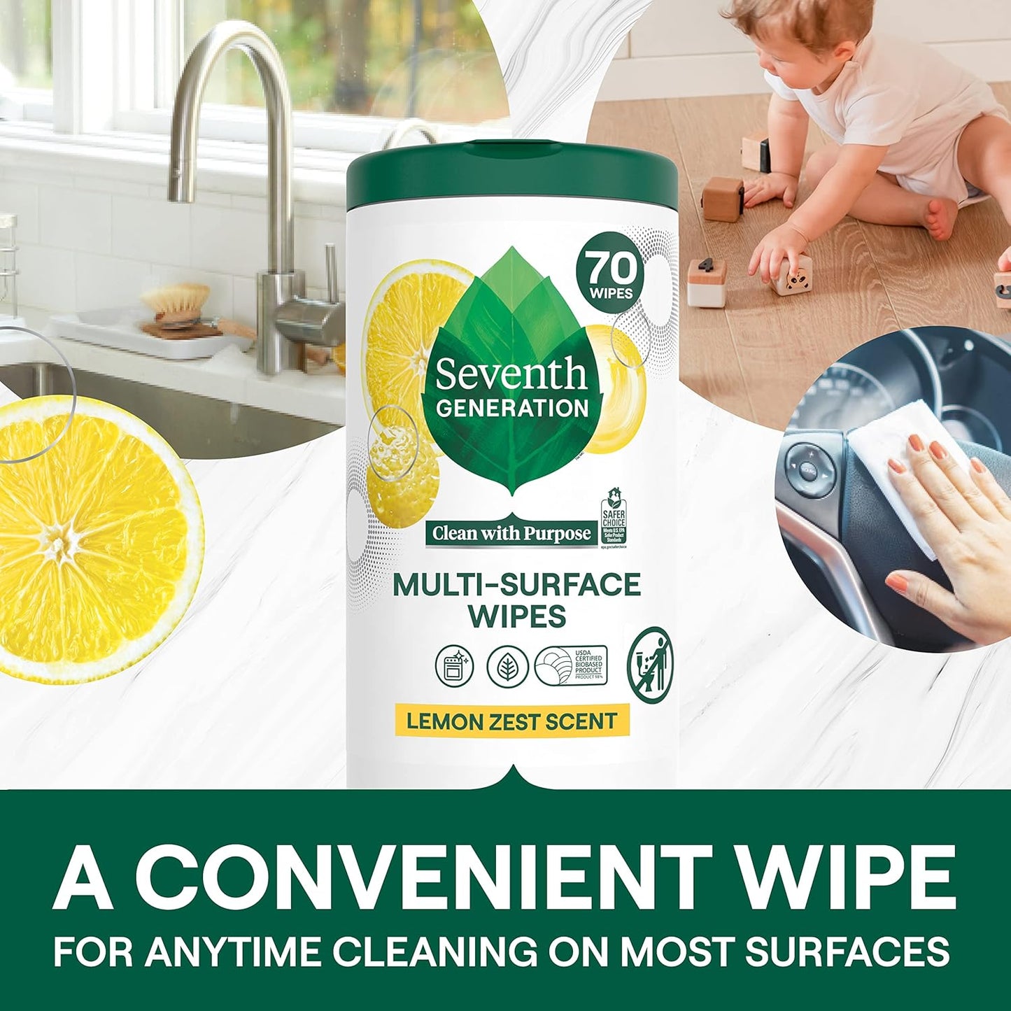 Seventh Generation Multi-Surface Cleaning Wipes, Lemon Zest Scent, Cuts Grease & Grime, 70 Wipes