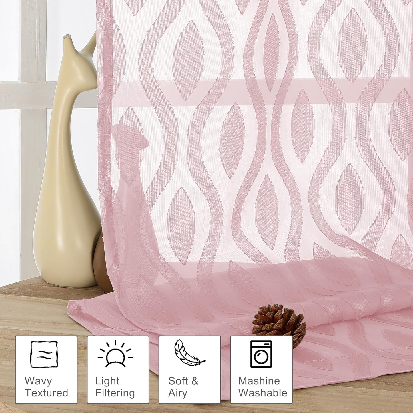 Aiyufeng Sheer Pink Curtain 45 Inch Length 2 Panels Set, Farmhouse Clip Jacquard Textured Short Window Curtains, Lightweight Chic Wavy Line See Through Curtains for Bedroom, 40" Wx45 L Inches