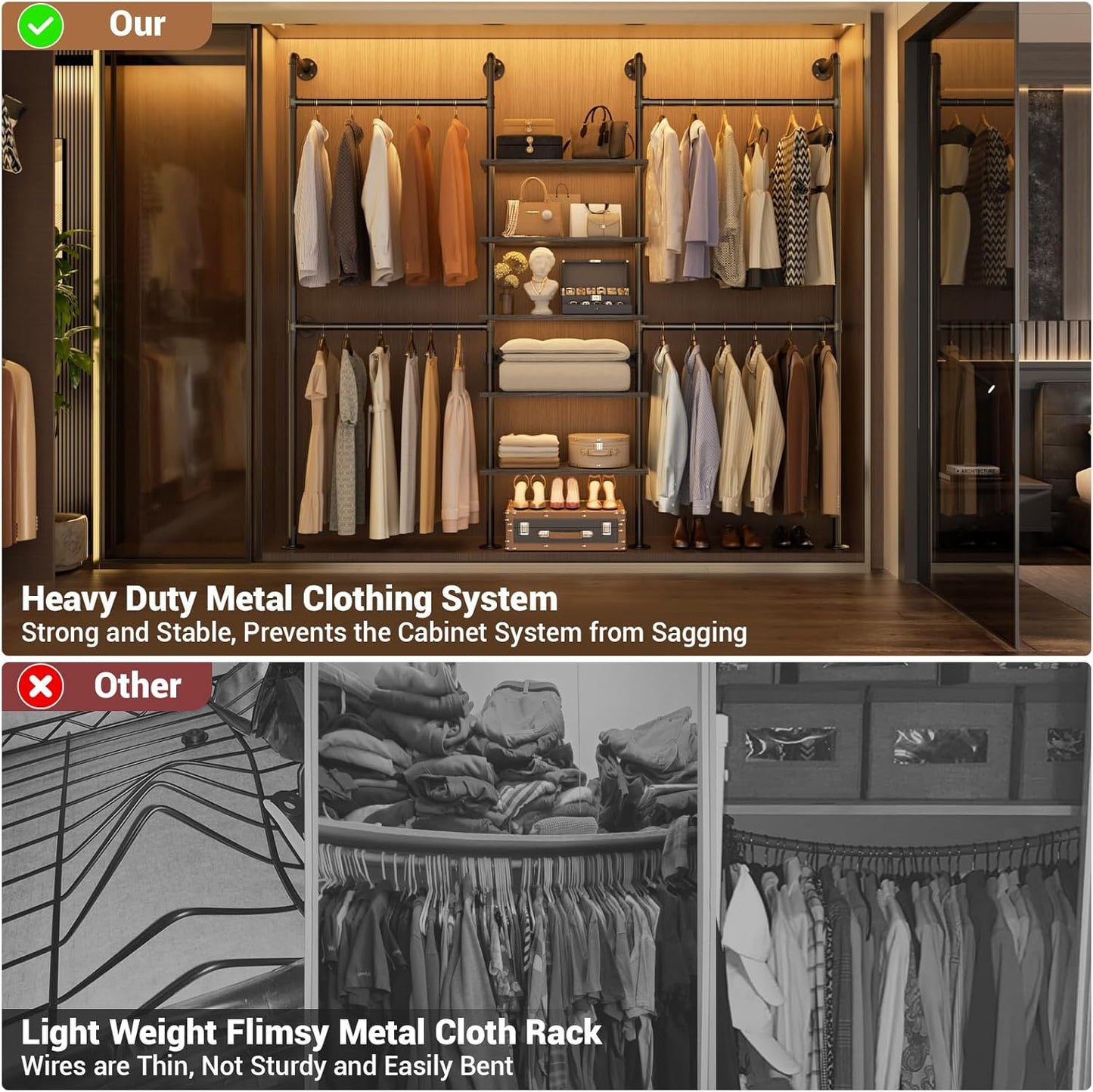 Aheaplus Industrial Pipe Clothing Rack, Reversible 6.42FT Clothes Rack for Hanging Clothes, Heavy Duty 5 Tier Wardrobe Closet Garment Racks with Shelves, Corner Closet Organizer System, Black Oak