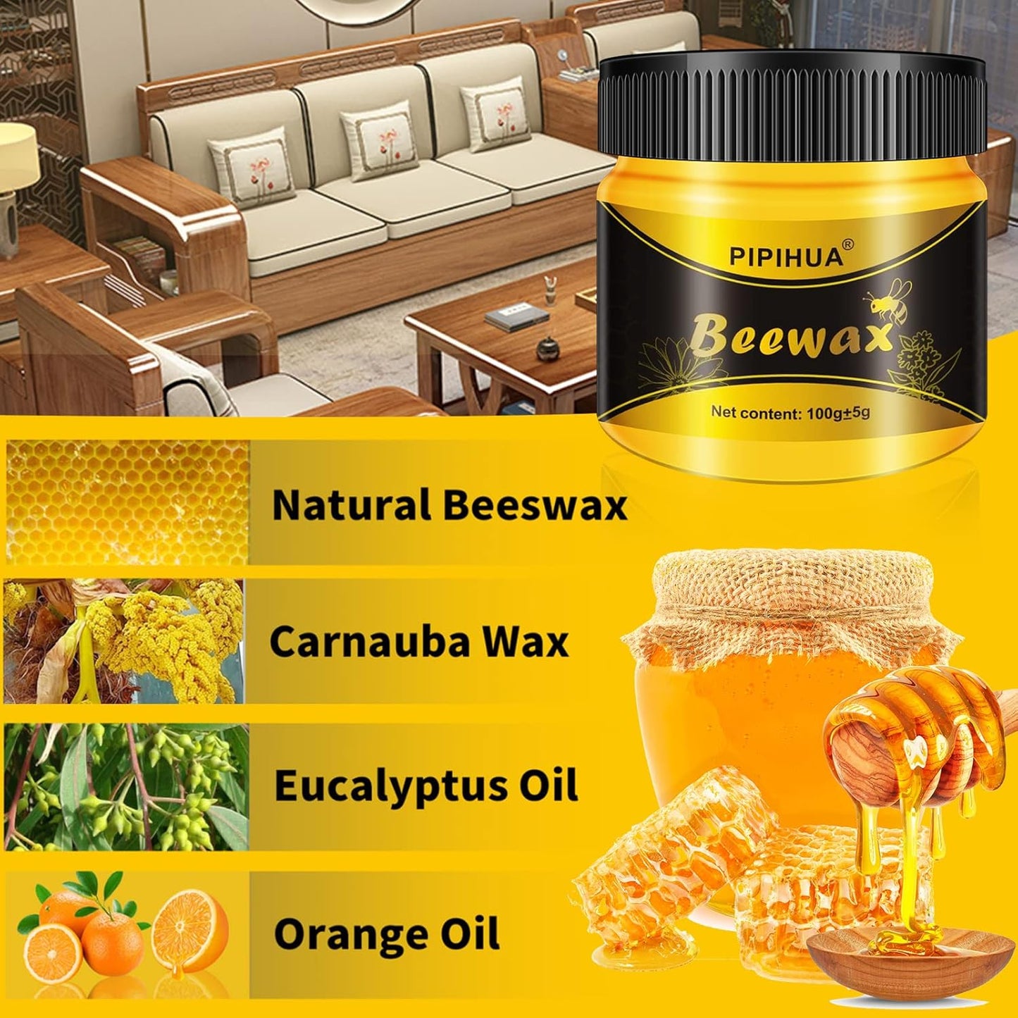 PIPIHUA Beeswax Polish and Conditioner for Wood Furniture - Waterproof & Restorer Wood Wax, Multipurpose Beeswax Furniture Polish and Cleaner for All Types and Colours(4×100g with 8 Sponges)