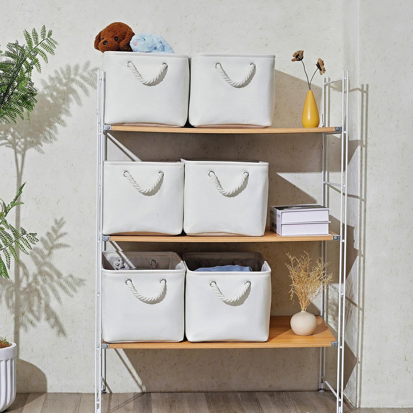 15x11x9.5 Inch Storage Baskets for Shelves,3 Pack Storage Bins，Foldable Organizer Boxes, Decorative Storage Basket for Organizing Clothes, Toys, Books, Foldable Cloth Baskets (White)