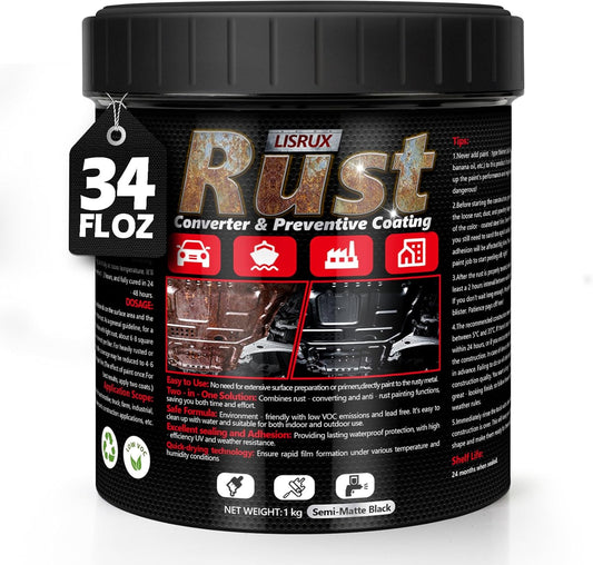 4-in-1 Rust Converter & Metal Primer, 34 Fl Oz Black Rust Inhibitor Paint for Metal, Automotive Rust Reformer, Industrial Grade Water Based, Heat Resistance & UV Resistant