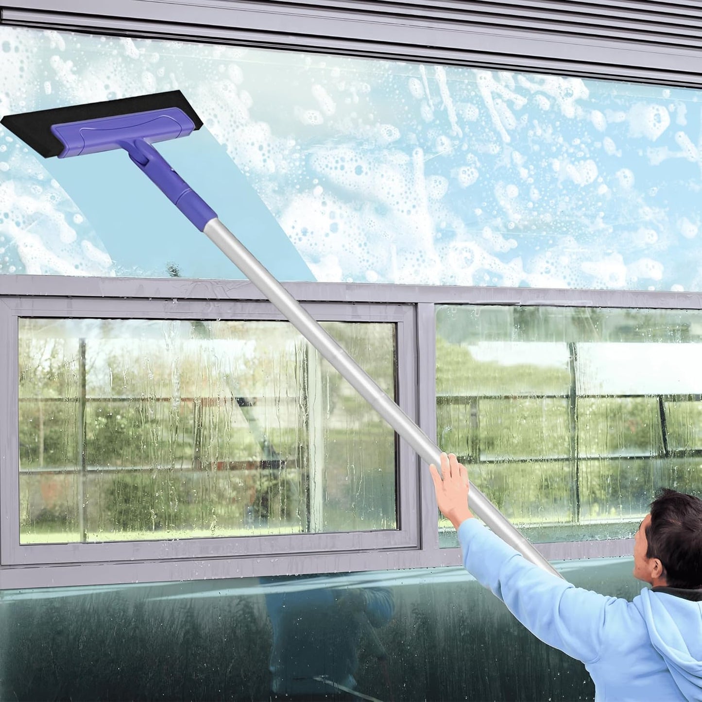 Floor Squeegee for Tile Floor and Shower Glass, Broom Rubber Blade with 48.4" Aluminum Long Handle, Water Blade Foam Pet Hair Wiper for Window Cleaning, Home, Garage, Bathroom, and Kitchen