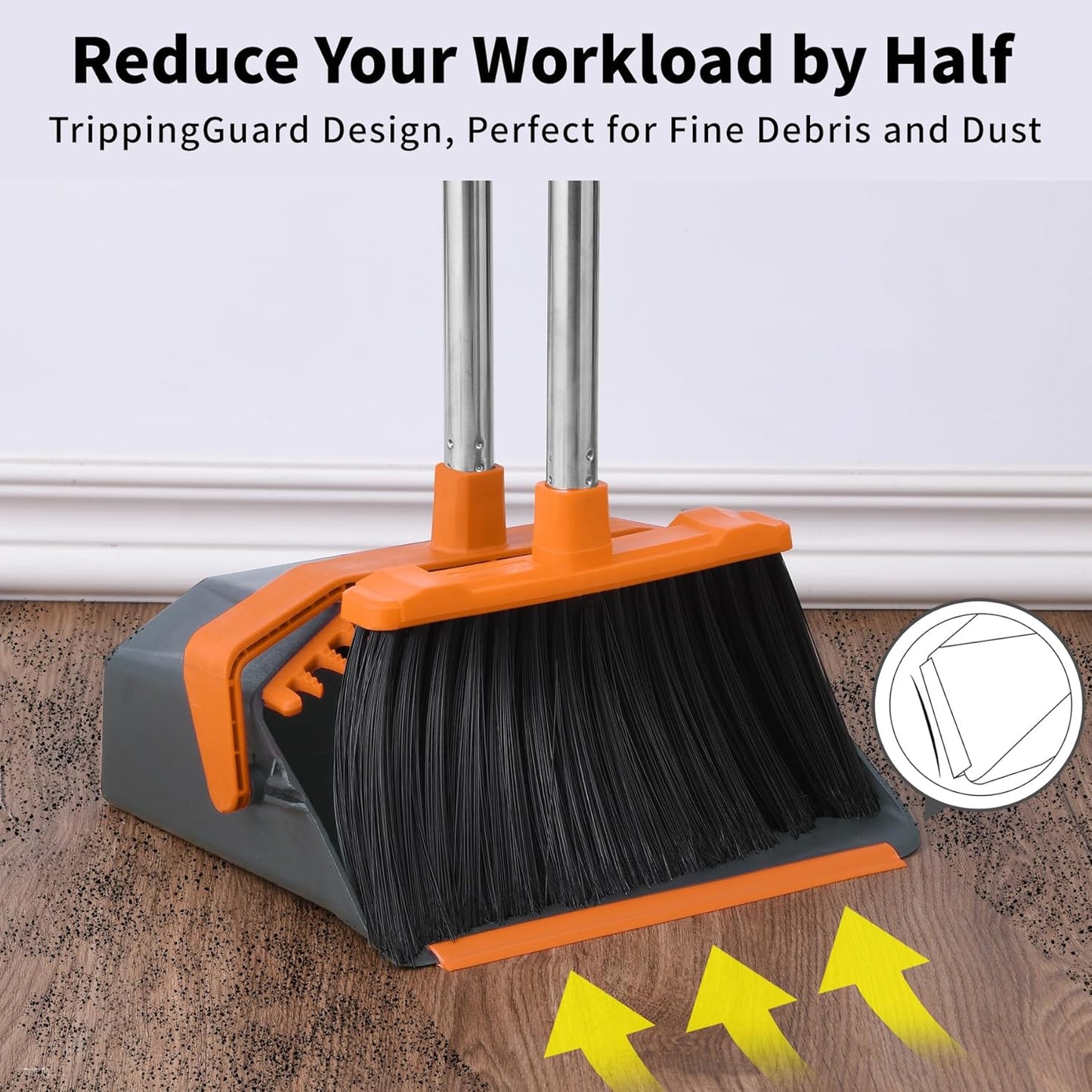 Broom and Dustpan Set with 51'' Long Handle, Upright Broom and Dustpan Combo for Home Kitchen Office Restaurant Garage Lobby Dog Cat Pets Hair - Grey and Orange