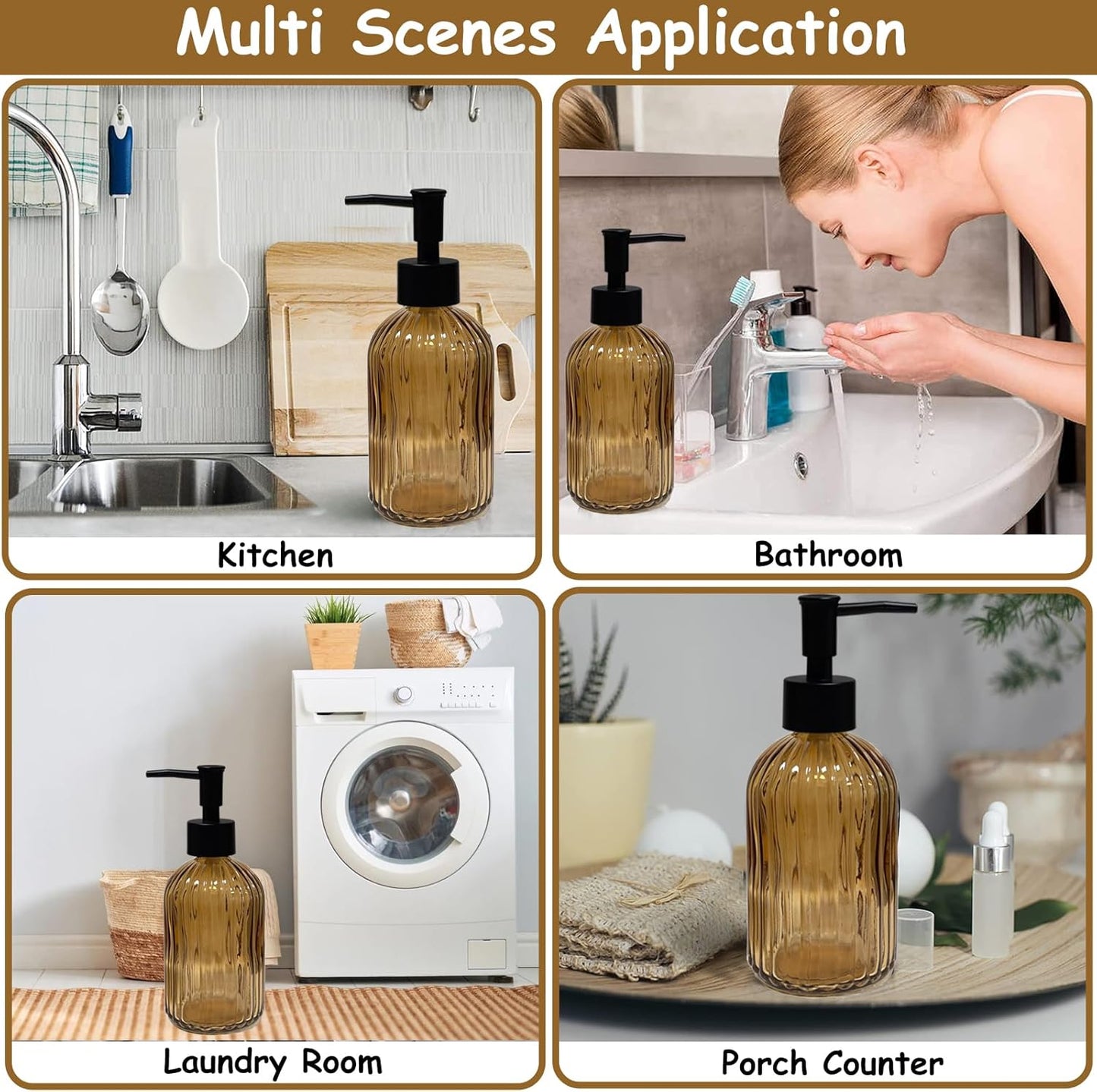 Black Pump Glass Soap Dispenser, 13.5oz Brown Stripe Countertop Refillable Liquid Bottle Hand Dish Lotion Dispenser with Plastic Pump, for Kitchen, Bathroom Countertop