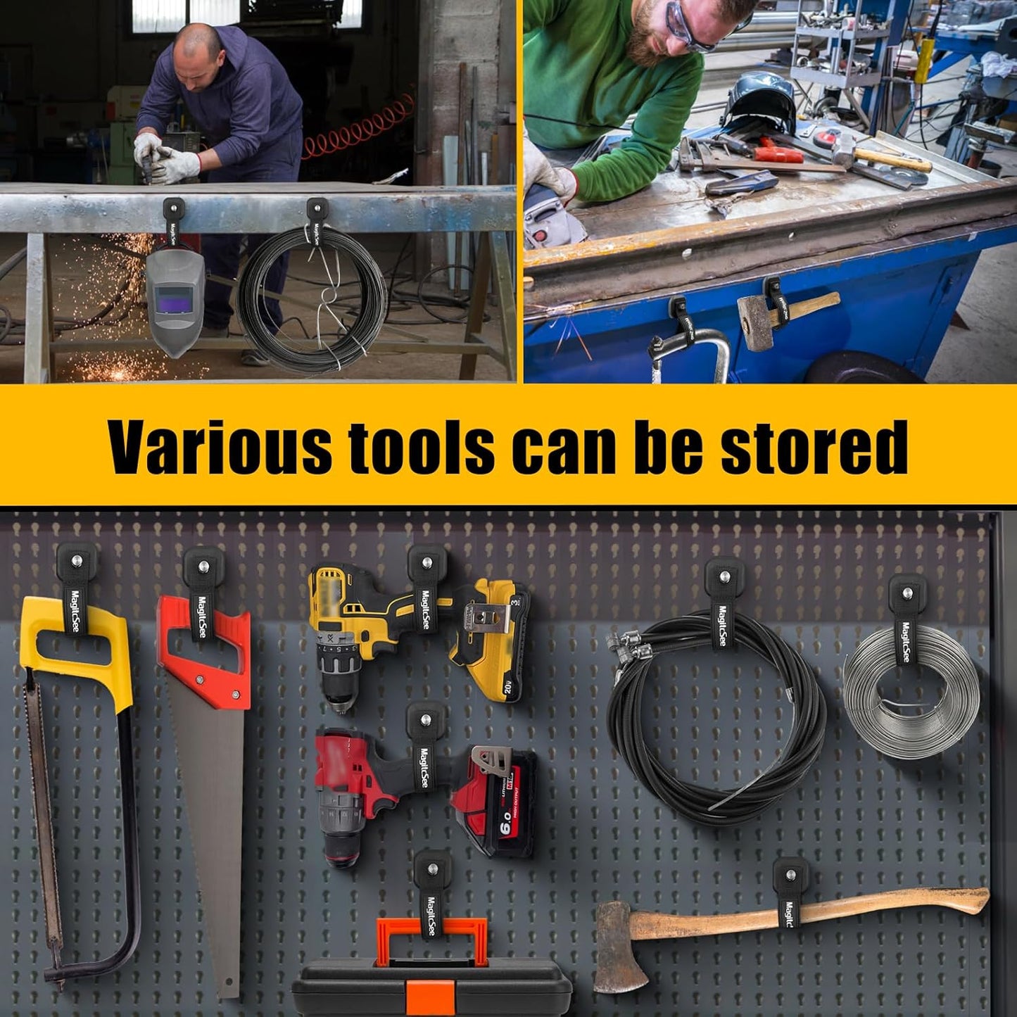 2 Pack Heavy Duty Magnetic Hook Straps for Extension Cords, Powerful Cruise Garage Storage Hook Ties for Hanging Cables, Garden Hoses Ropes, Workshop Tool Box Magnet Organize Hangers for Tools