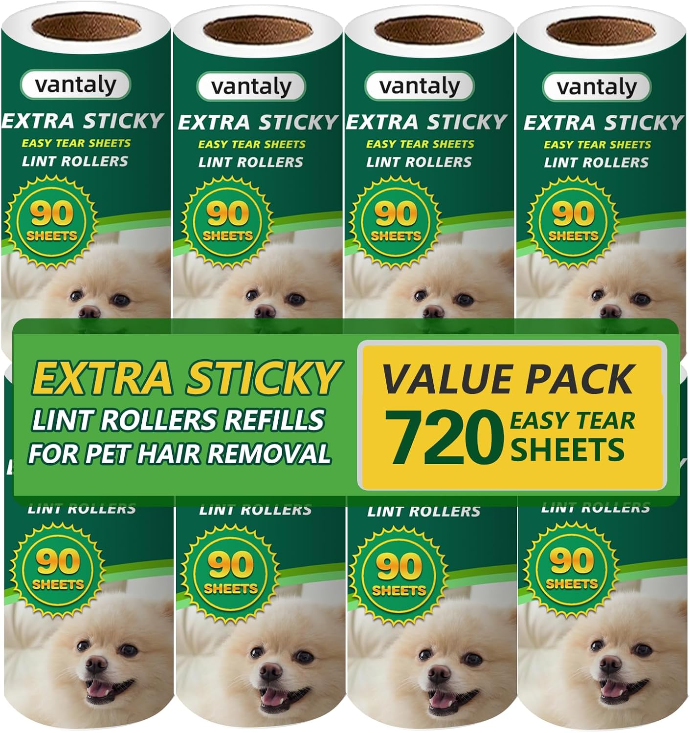 Extra Sticky Lint Roller Refills,Fits Most 3.9"-4" Standard Size Lint Roller with Inner Diameter at 1.5", 8 Pack with 720 Sheets Total, Pet Hair Remover for Clothes, Car, Furniture