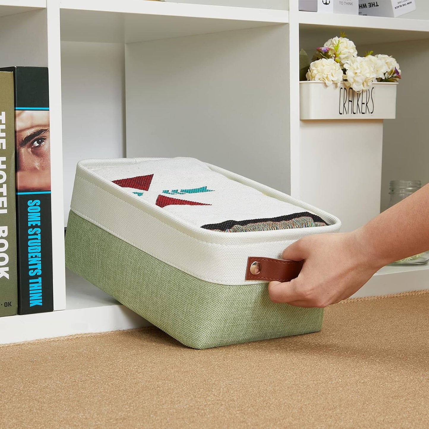 DULLEMELO Small Storage Basket, Fabric Collapsible Gift Storage Basket for Shelves, Closets, Nursery, Home, Office Organizing, Small Canvas Linen Rectangular Storage Bin with Handles (White&Green)