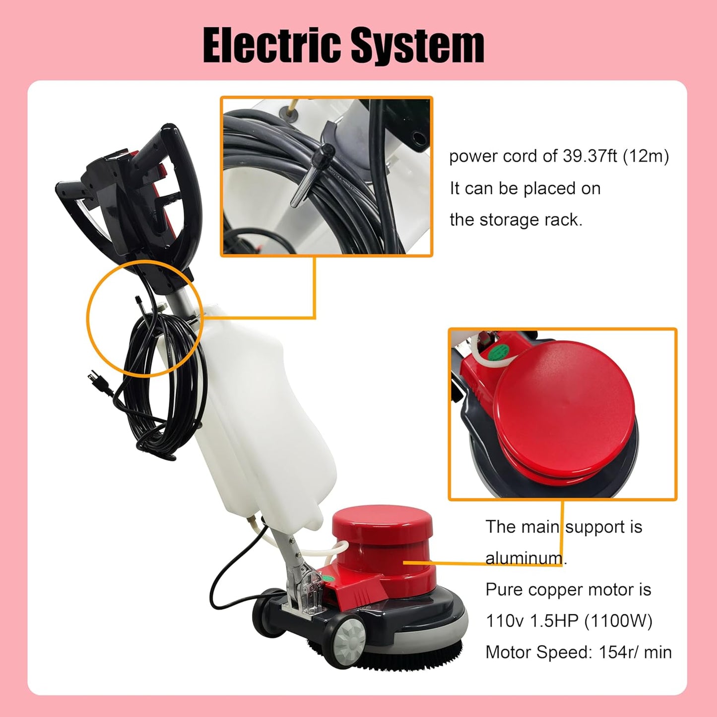 Floor Scrubber Buffer Heavy Duty Polisher Machine Polished Waxed Refurbished Tile Scrubber Cleaner Wood Marble Cement Pavement Epoxy Rubber Carpet Red Commercial Industrial Domestic