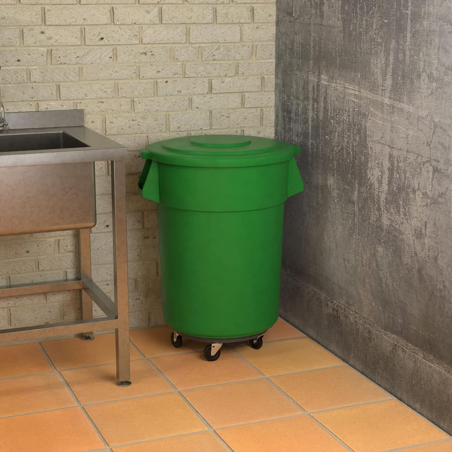 55 Gallon Green Round Commercial Trash Can with Lid and Dolly