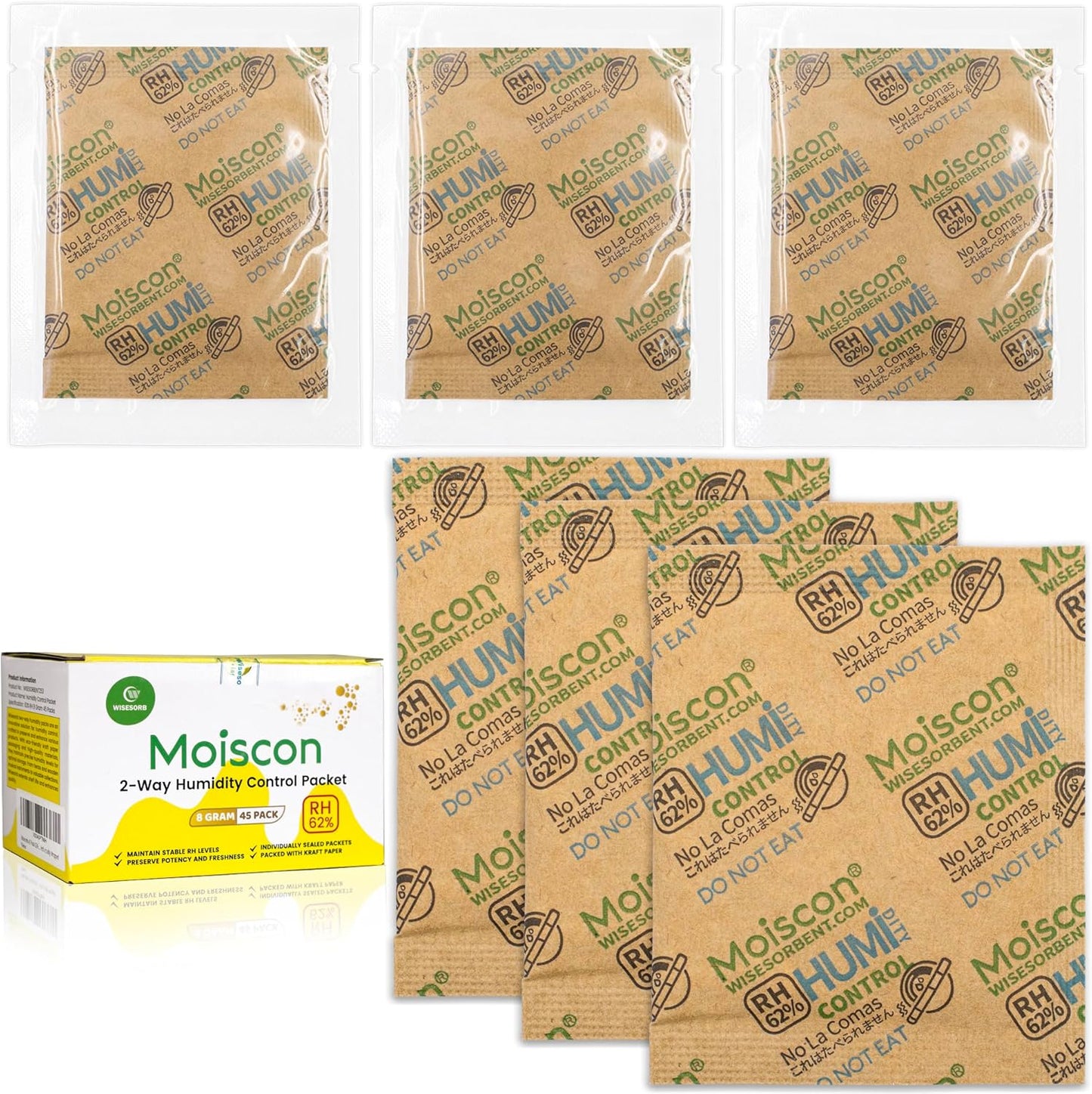 45 Pack 62% RH 8 Gram Two-Way Humidity Control Packs for Storing 1 oz, Size 8 Moisture Control Packets Individually Wrapped