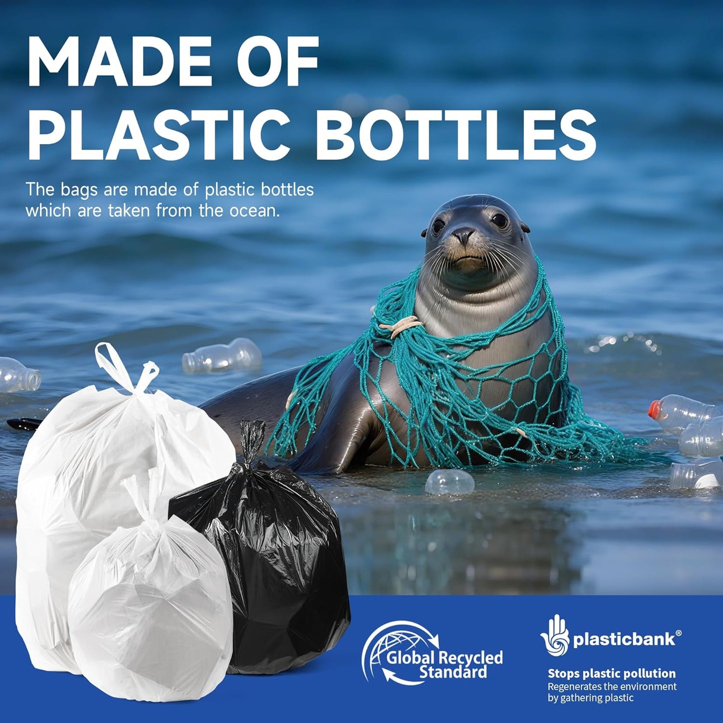 Small Trash Bags with Handles 4 Gallon 50 Count White - Ocean Plastic Upcycling - Plastic Garbage Bags, Can Bin & Waste Basket Liner for Kitchen, Bathroom, Office and Pets