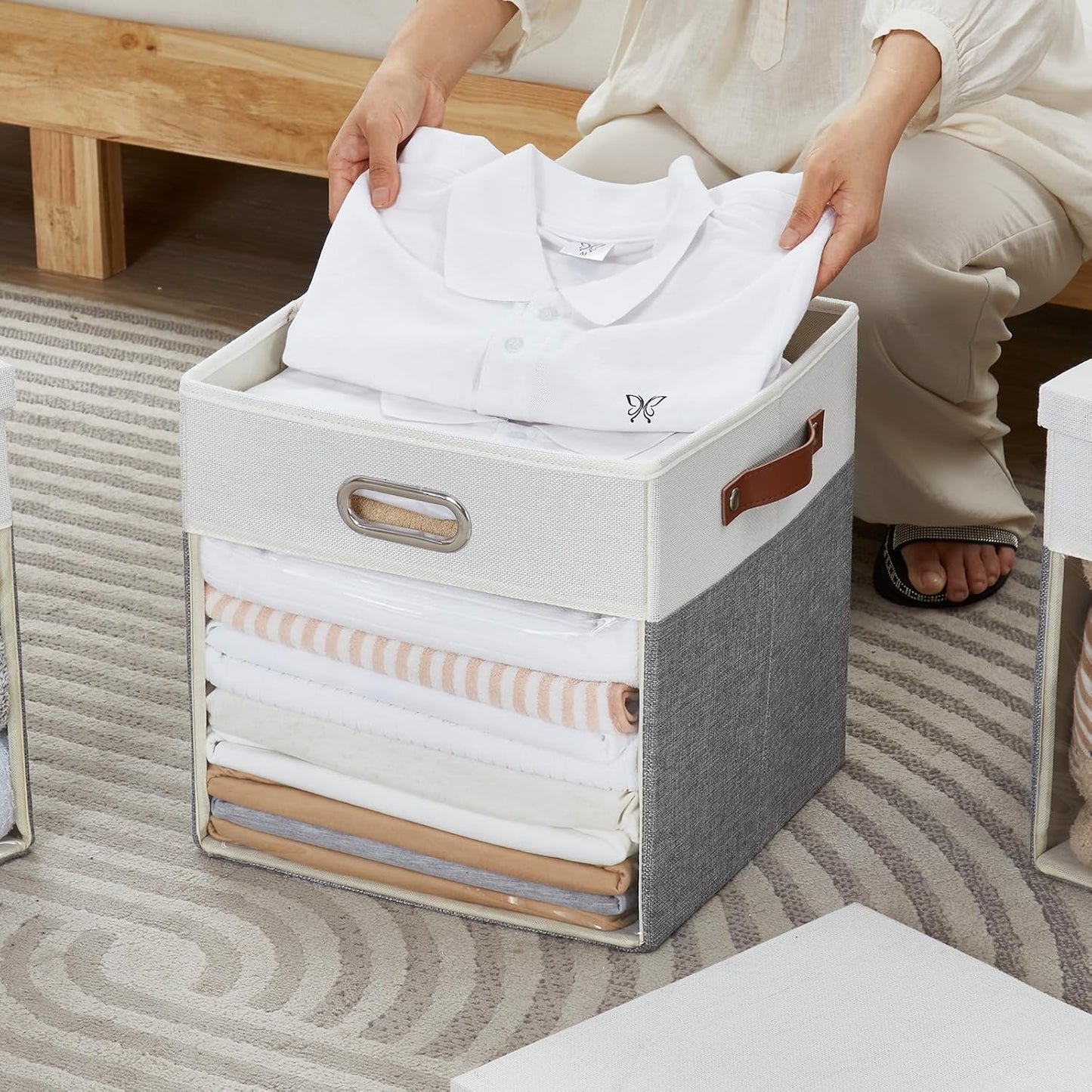 Fabric Storage Cubes with Clear Windows and Lids, 13'' Foldable Storage Bins with 3 Handles, Decorative Storage Boxes for Home, Bedroom, Closet, Office (Gray & White)