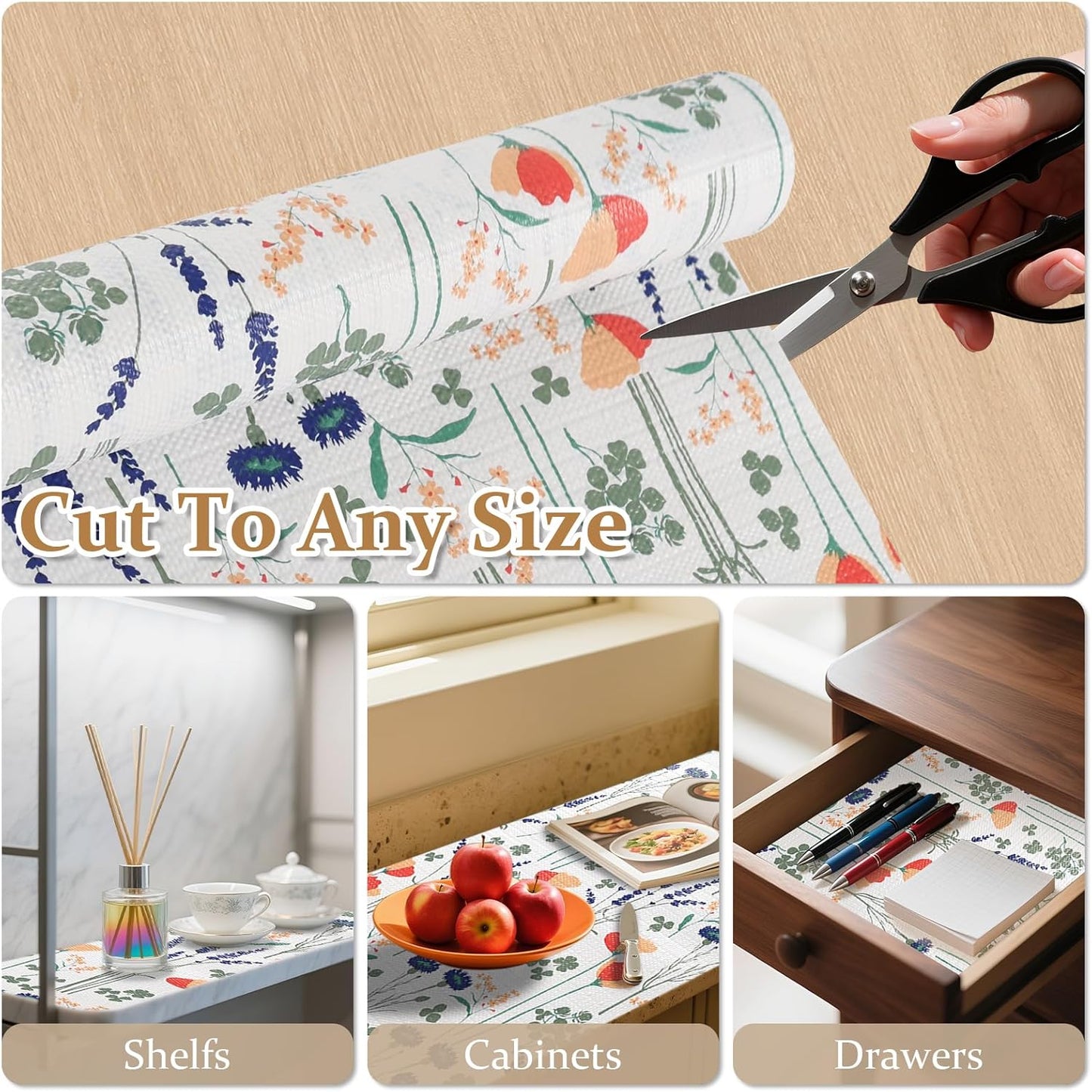 FINNEZ Shelf and Drawer Liner 17in x 20FT with Cutting Tool, Non Slip Non Adhesive Drawer Liners for Kitchen Cabinets, Waterproof Floral Cabinet Liner for Shelves, Refrigerator