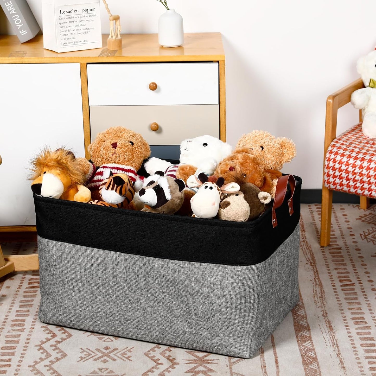 DULLEMELO Extra Large Canvas Fabric Storage Basket, 70L Foldable Closet Storage Bin with Handles, 22" Large Blanket Basket Living Room for Storage Toys, Pillows, Clothes, Books (Black&Grey)