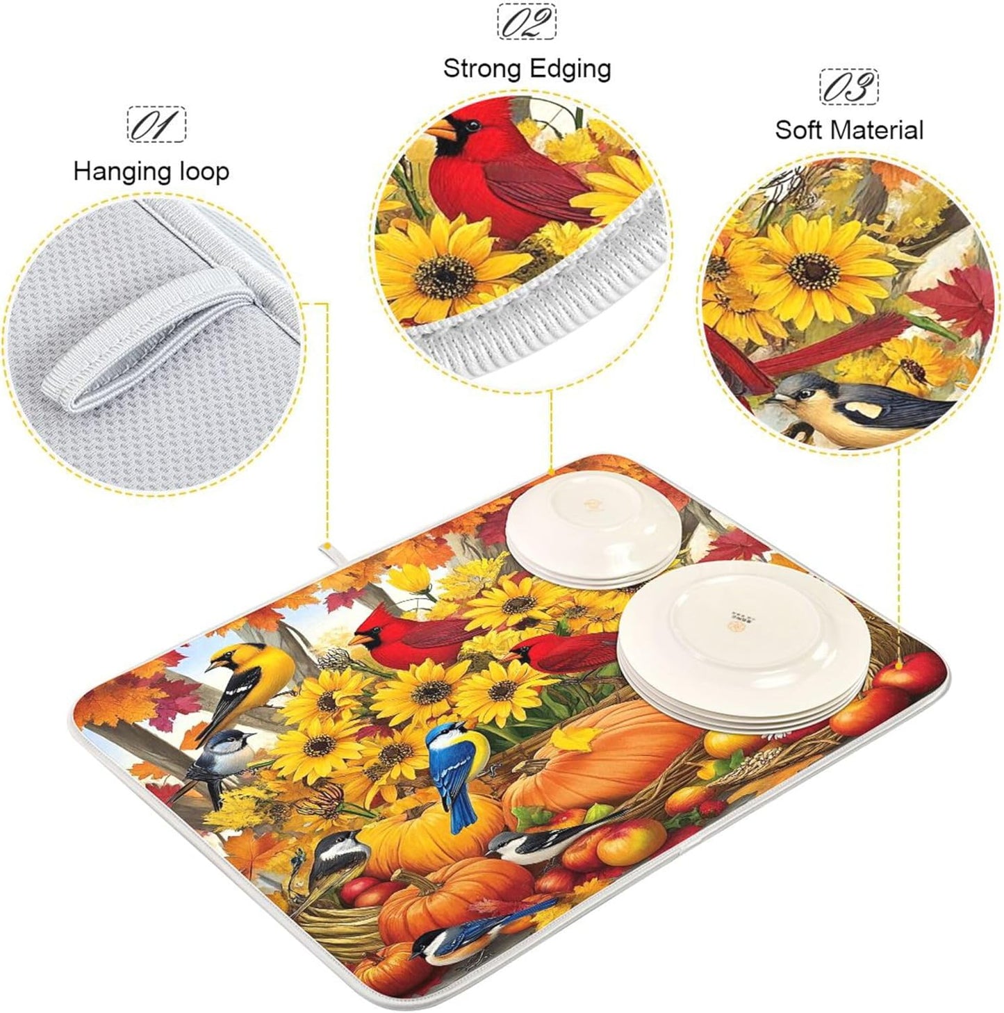 Fall Birds Dish Drying Mat for Kitchen Countertop 18x24 Autumn Pumpkin Sunflower Large Drying Mat Reusable Quick Dry Dish Sink Mats Easy Clean Decorative Essentials