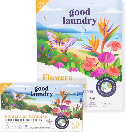 Good Laundry Flowers of Paradise Detergent Sheets, & Dryer Sheet Bundle - No Plastic Jugs, Eco-Friendly, Zero Harsh Chemicals, Hypoallergenic - Based in the USA