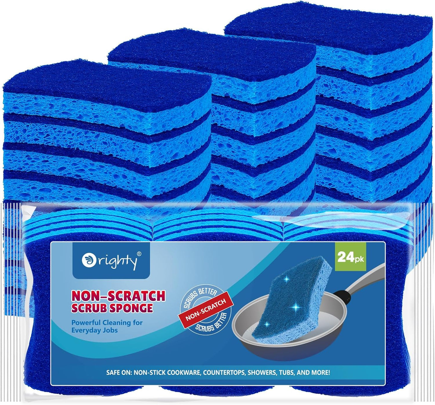 Orighty Non-Scratch Cellulose Scrub Sponges 24 Pack, Kitchen Sponges for Kitchen, Bathroom, and Household, Dual Side Sponge for Dishes, Non-Scratch Sponge Safe on Non-Stick Cookware, Car and More