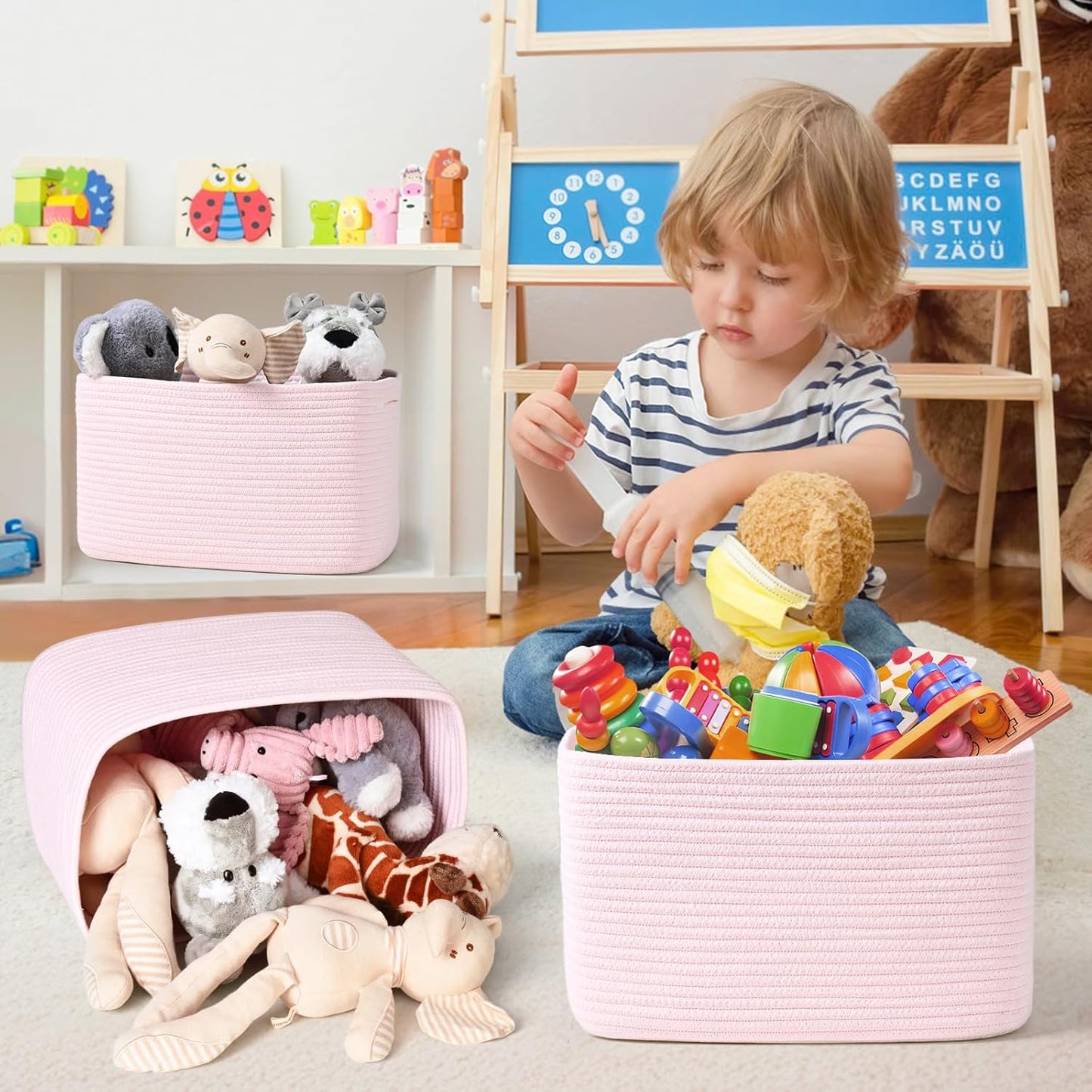 3-Pack Shelf Baskets for Organizing, Woven Storage Basket for Shelves, Cotton Rope Storage Bins for Toys Books, Nursery Towel Baskets for Classroom, 14.96"X9.8"X8.85", Pink