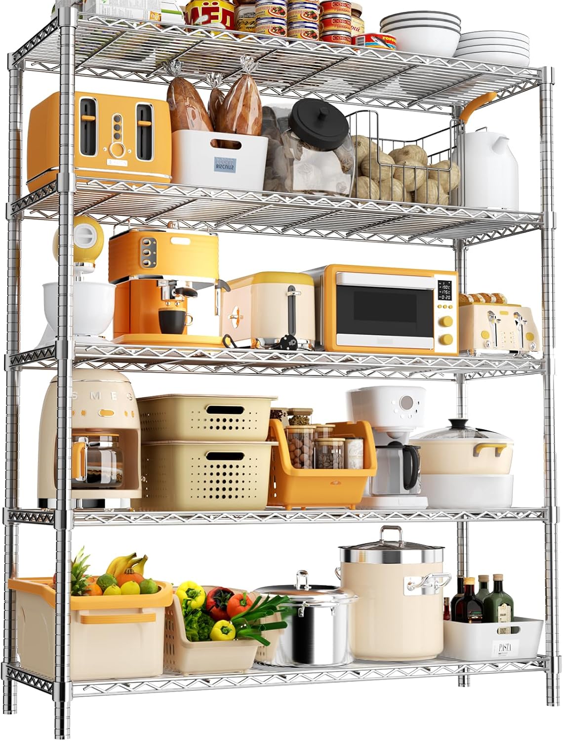 Storage Shelves, 48" L x 20" W x 72" H Heavy Duty Garage Wire Shelving Unit Loads 2000LBS, 5-Tier Adjustable Metal Industrial Utility Shelf Rack for Kitchen, Laundry Room, Basement