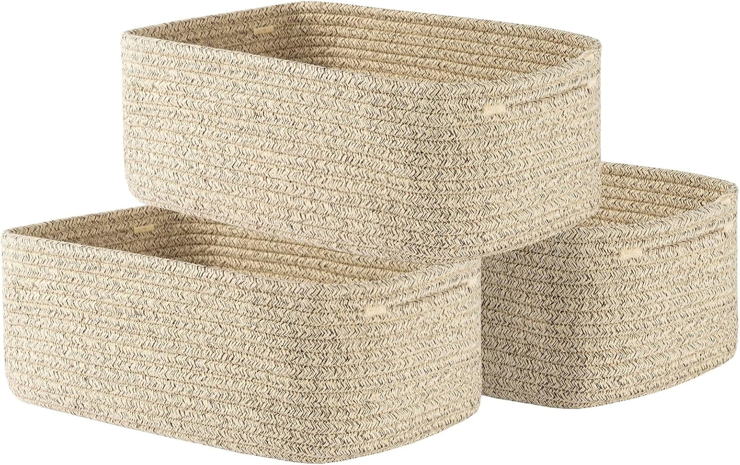 Small Woven Basket, 13.5 x 9.5 x 5 Inches, Storage Basket for Organizing, Cute Small Rope Shelf Closet Cube Storage Bins Baskets for Shelves, Dog Toy Gift Baskets Empty, 3 Packs, Mixed Brown