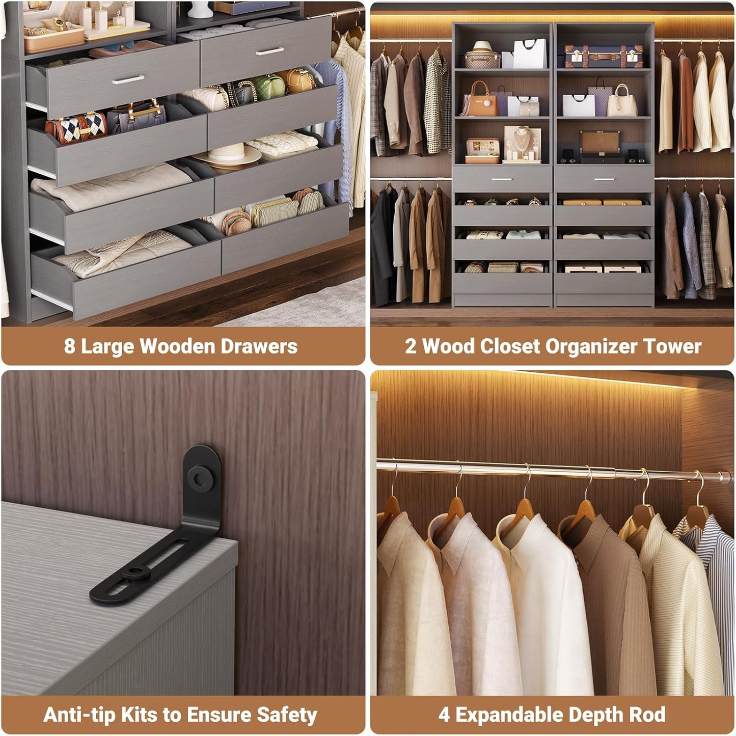 Aheaplus Closet System, 6-15Ft Closet Organizer with 8 Wooden Drawers, Wood Closet Organizer System with Tower, Walk-in Closet Organizer Wardrobe Garment Clothes Rack with 4 Hanging Rods, Grey
