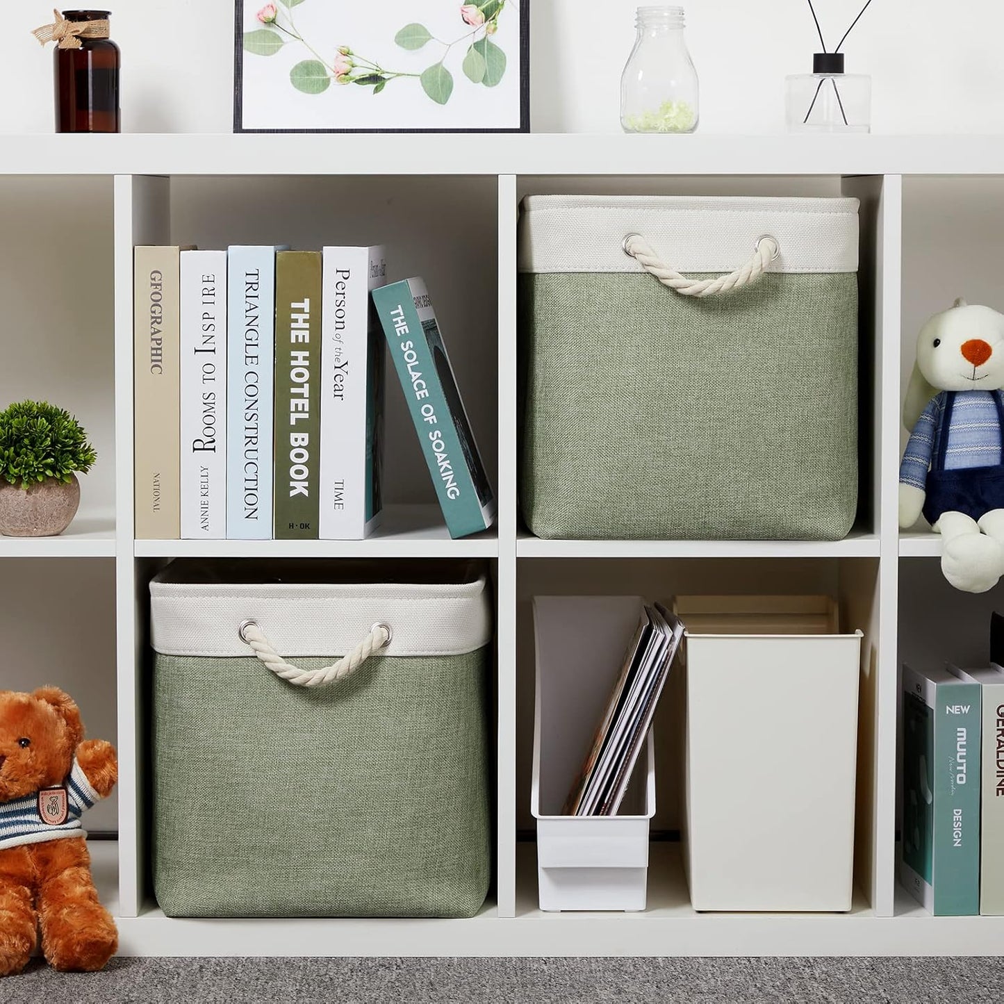 Temary Storage Baskets Fabric Storage Bins for Shelves, 2 Pack Decorative Storage Boxes Canvas Storage Basket with Handles for Organizing Clothes, Books(White&Green,16Lx12Wx12H Inches)