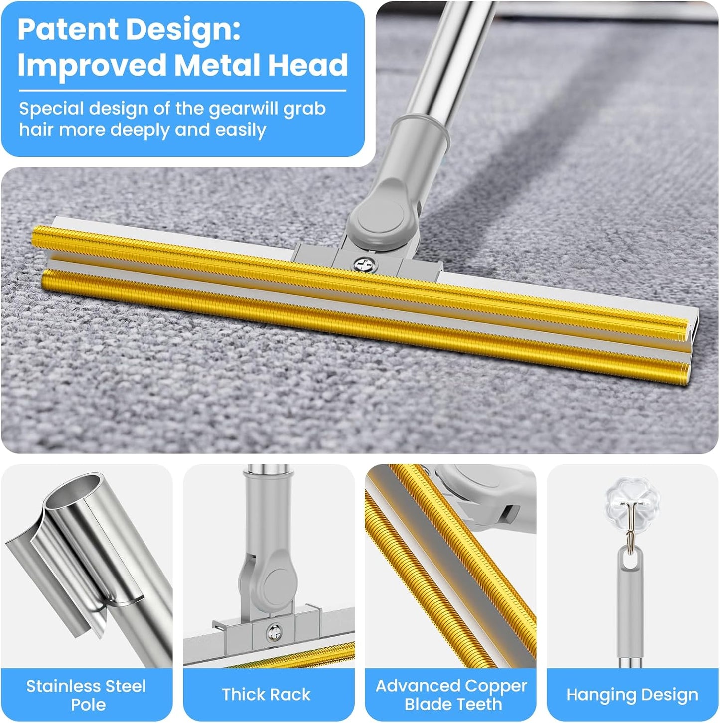 3 in 1 Carpet Rake for Pet Hair Removal, Tool Set of 3, 55” Long Handle Carpet Pet Hair Removal Carpet Scraper Dog Cat Hair Remover for Sofa, Couch, Car, Rug (Gray)