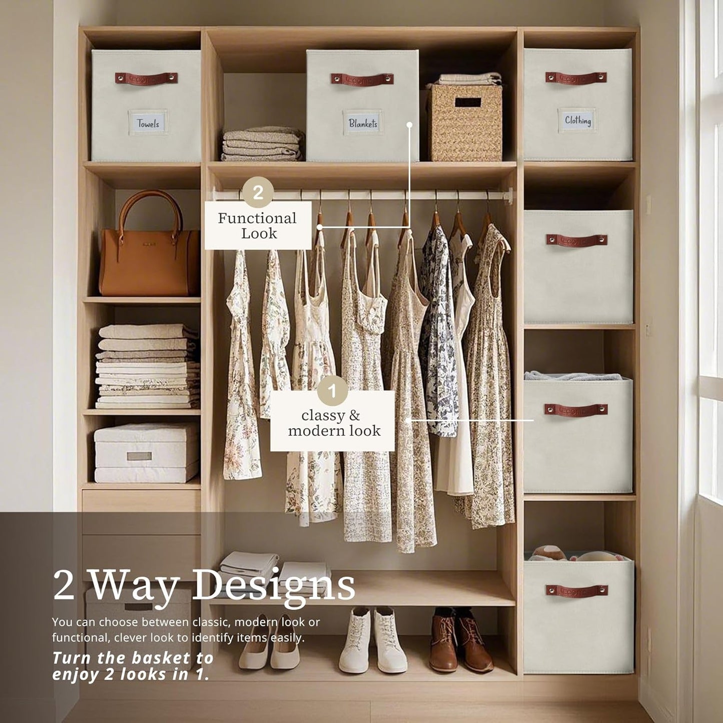 DECOMOMO Storage Cubes, 13x13x13 Storage Cube Bins with Labels, Fabric Organizer Bins (13" / 6pcs, Beige)