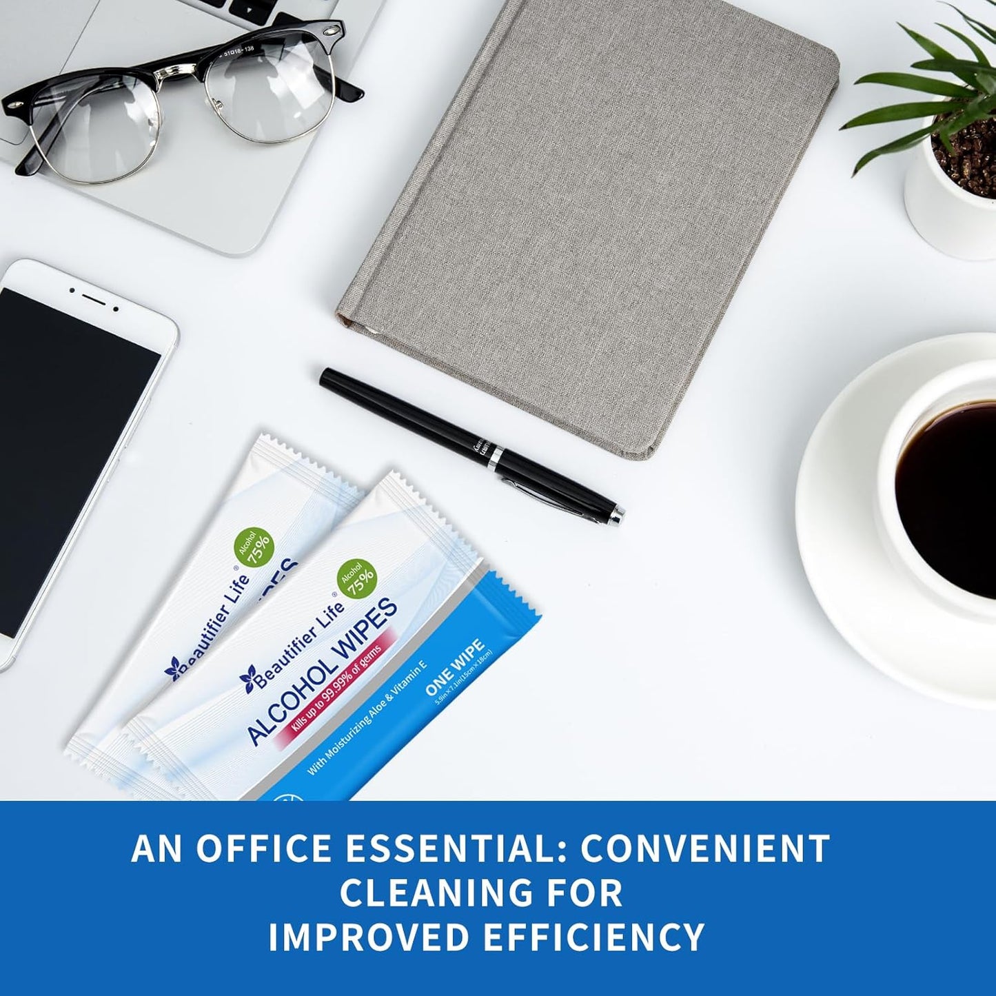 All - Purpose Travel Wipes, 55 Individually Wrapped 75% Alcohol Antibacterial Hand Sanitizing Wipes with Aloe Moisturizer & Vitamin E for for On-the-Go Use, Restaurant, Home Office