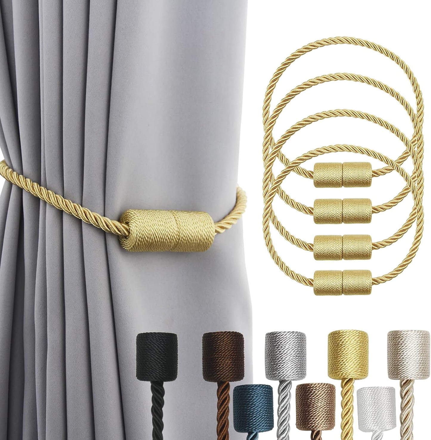 4 Pack Gold Strong Magnetic Curtain Tiebacks Outdoor Elegant Decorative Tie Backs Modern Rope Tiebacks for Drapes Window Curtain Holdbacks for Draperies