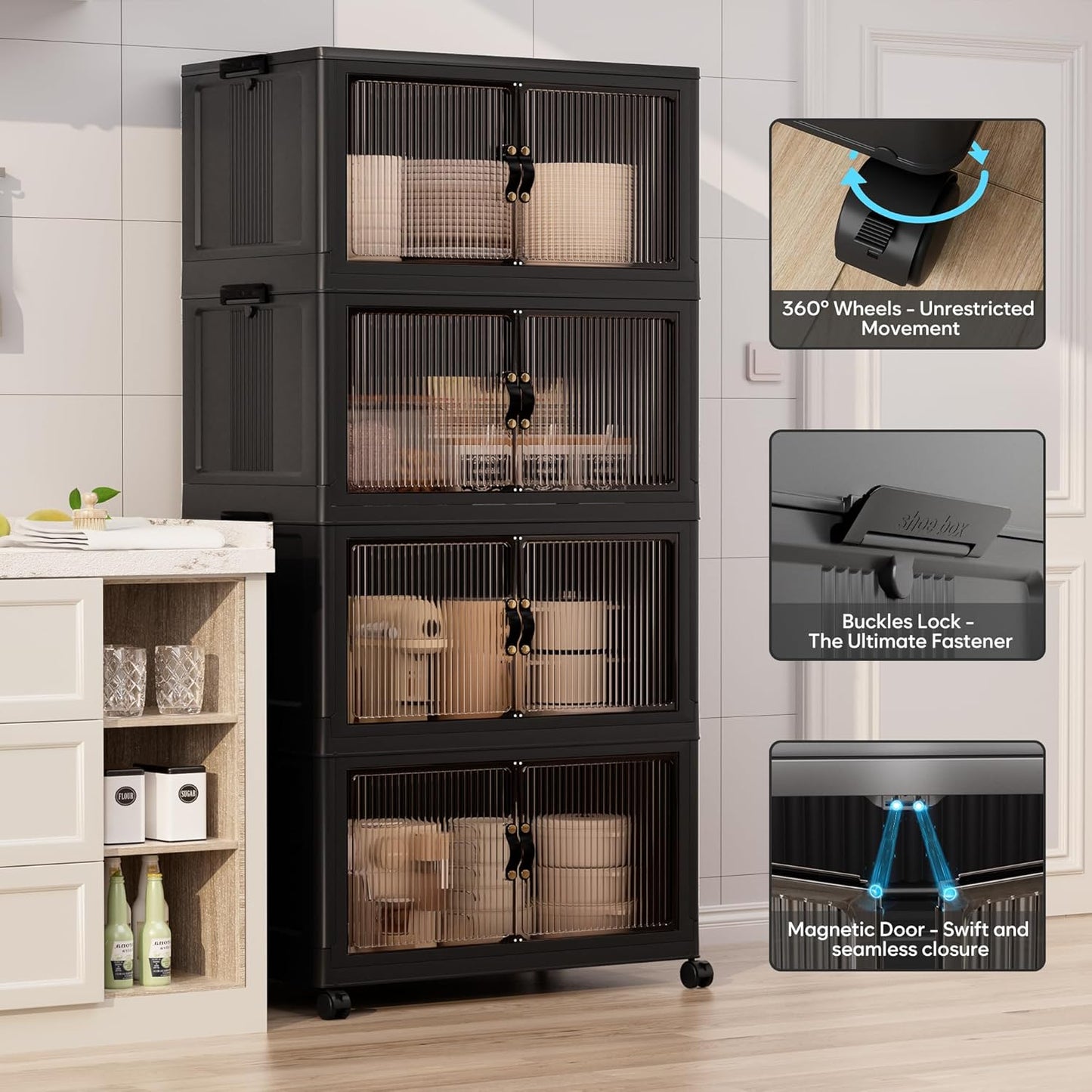 Jalove 120Gal Large Storage Bins with lids, 480QT Plastic Stackable Containers with Wheels, Collapsible Closet Organizer and Storage Drawers,Clothes Organization for Cabinet Home, 4Pack Black