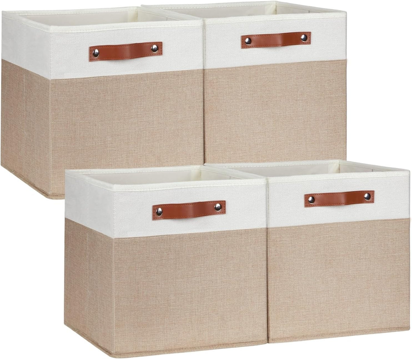 DULLEMELO Cube Storage Bins,13 x 13 x 13 inch Fabric Storage Cubes for Organizing,Collapsible foldable Linen Canvas Closet Storage Bins for Shelves Closet Bedroom Toys Home Office(White&Khaki-4 Pack)