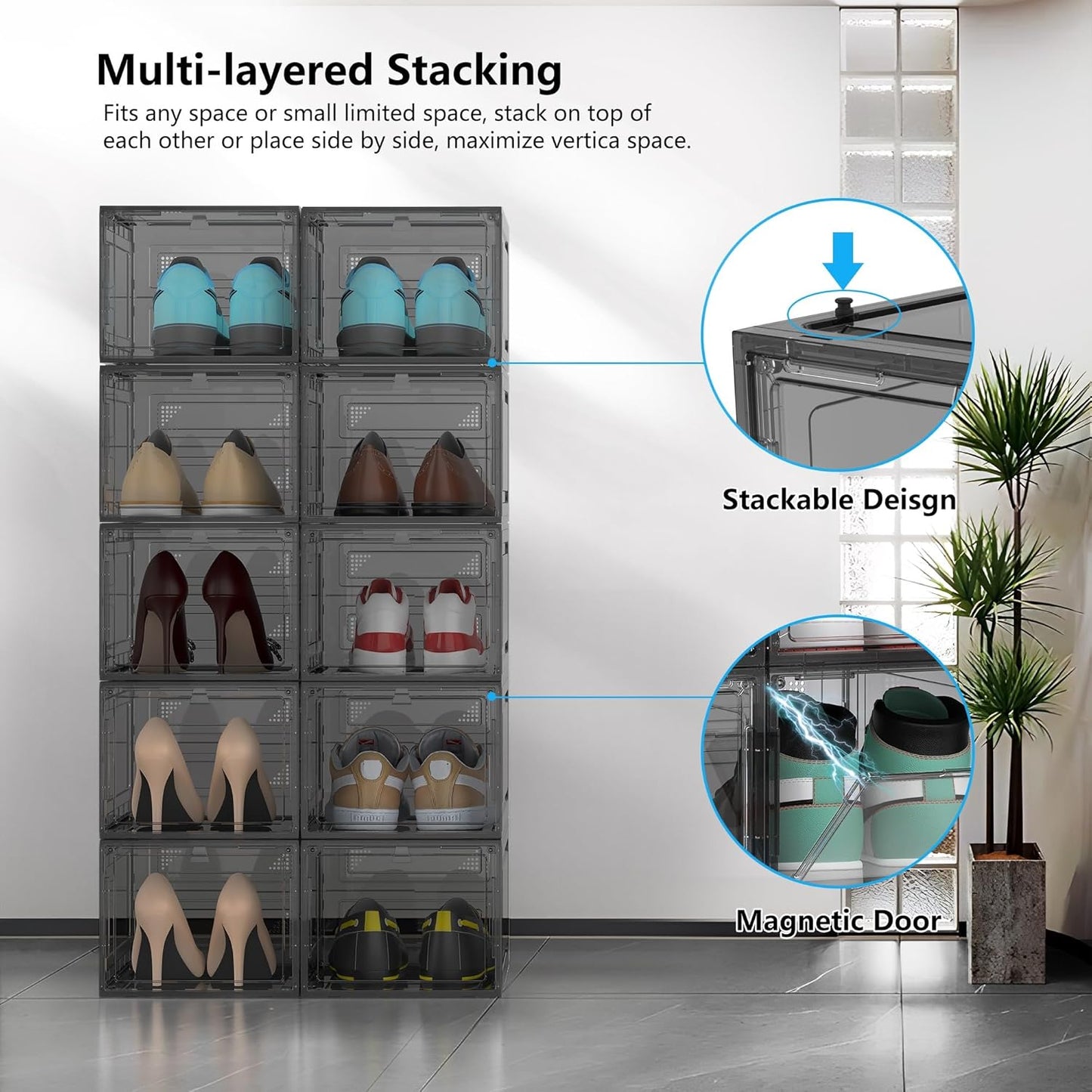 12 Pack Hard Sturdy Thickened Rigid XX Large Shoe Storage Organizer for Closet, Clear Stackable Sneaker Shoe Boxes Rack Containers Display Case Bins with Lids, Grey