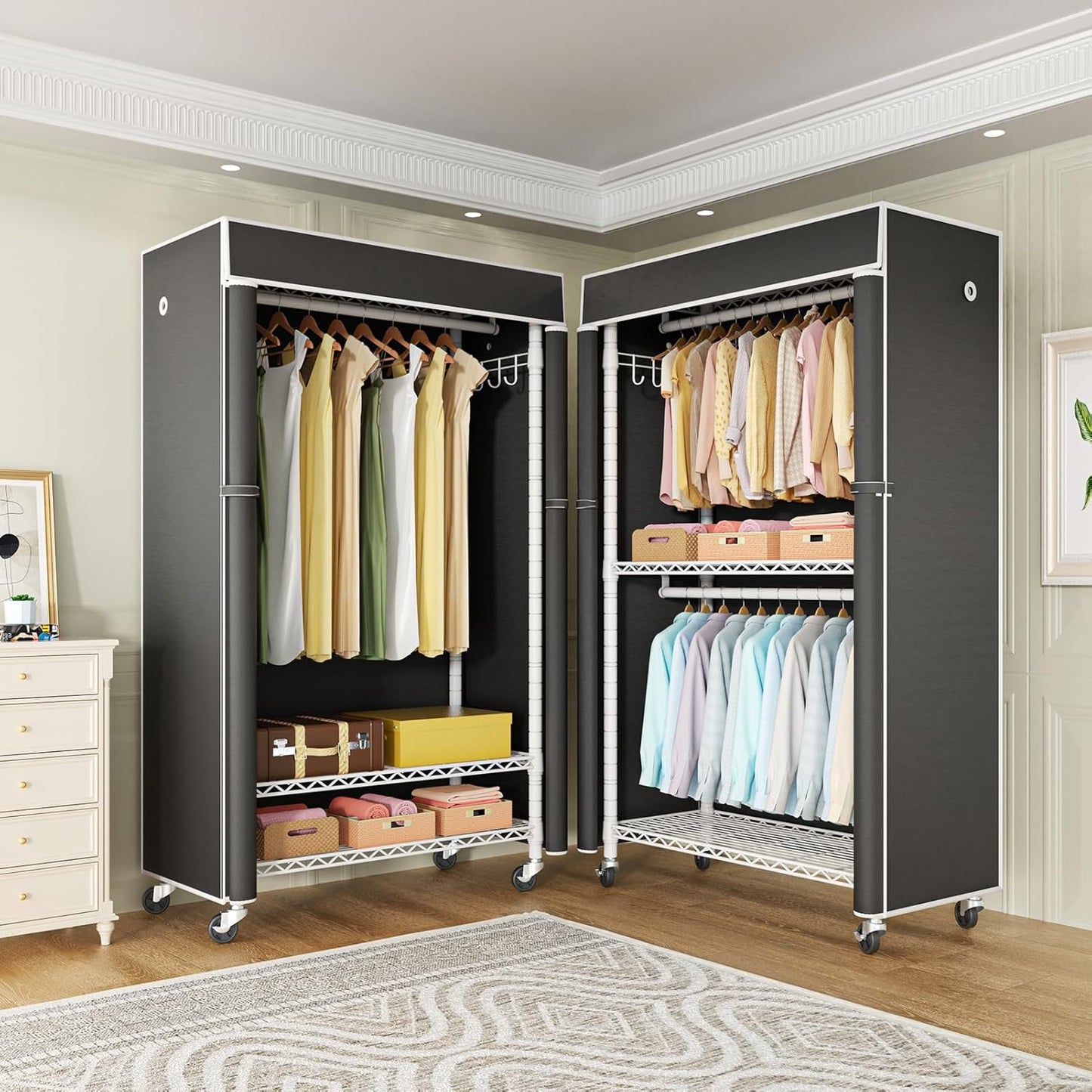 FUTASSI White Clothing Rack with Black Cover, P1C Rolling Closets with Wheels, Metal Garment Rack for Hanging Clothes, Clothing Storage Wardrobe, 36.2" W x 16.5" D x 80.5" H, Load 450 Pounds