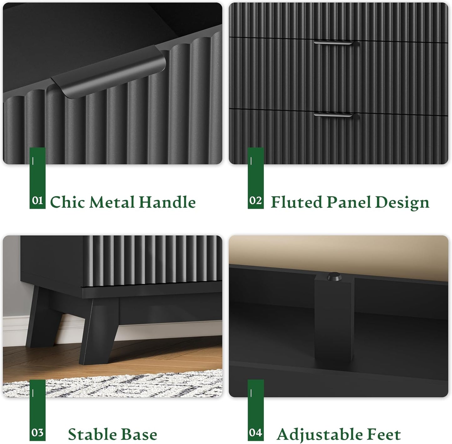 Fluted Dresser with 6 Drawers, 54" Wide Modern Chest of Drawers with Metal Handle, Wooden Dresser TV Stand, Wood Closet Clothes Storage Organizer for Bedroom, Living Room, Hallway, Solid Black