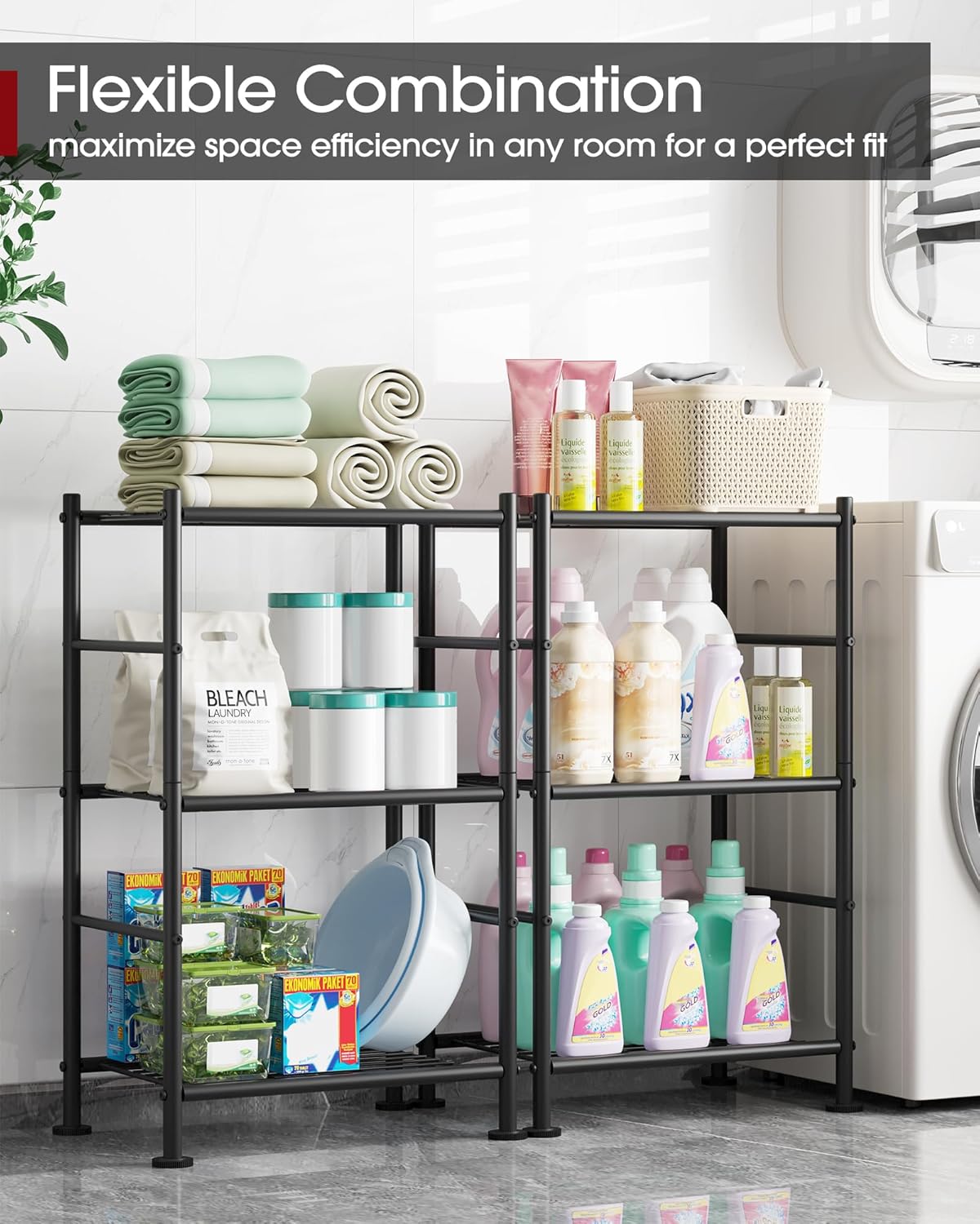 Storage Shelves - 3 Tier Shelf Organizer, Sturdy Metal Garage Shelving with Adjustable Leveling Feet, Space-Saving Shelves Organizer for Pantry, Laundry, Kitchen (18" x 12" x 30", Black)