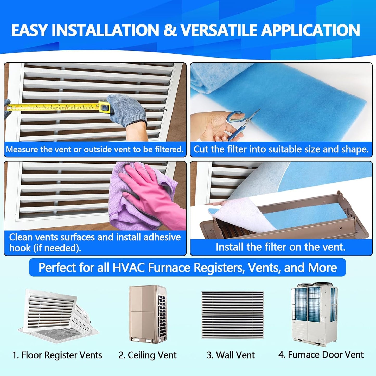 20" x120" Air Vent Filters, Cut to Fit Air Filter (80+ Filters), MERV 8 Triple Vent Filter for Home Floor, Ceiling, RV, HVAC Furnace Vents, With Adhesive Hook Tape and Installation Tape