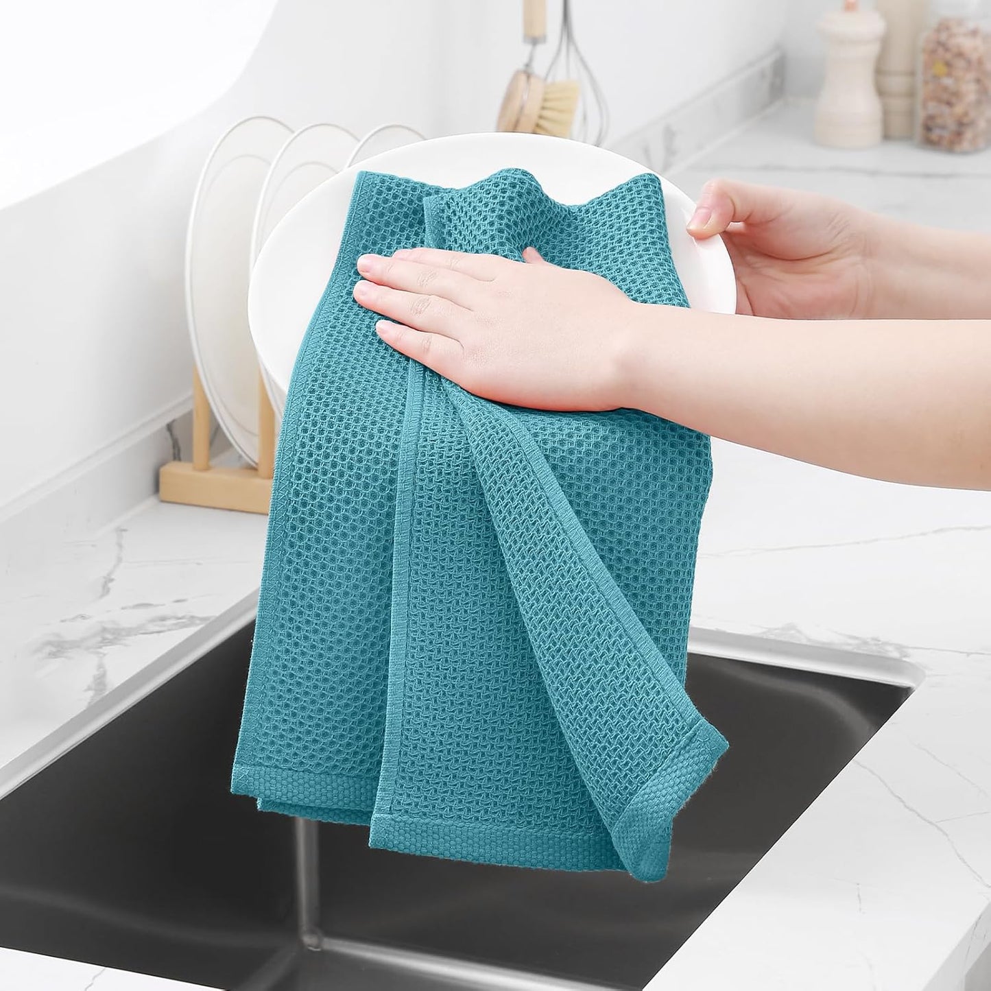 Homaxy 100% Cotton Waffle Weave Kitchen Dish Towels, Ultra Soft Absorbent Quick Drying Cleaning Towel, 13 x 28 Inches, 4-Pack, Lake Blue