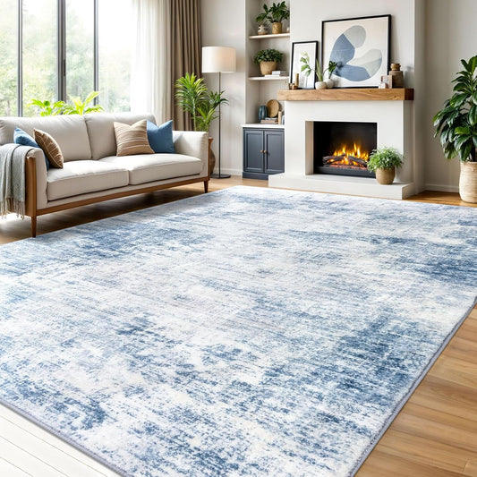 IOHOUZE Abstract Area Rugs 9x12 Ft Washable Large Rugs for Living Room, Non Slip Dining Room Rug, Printed Faux Wool Rugs for Bedroom, Floor Carpet for Office Nursery Playroom, Light Blue White