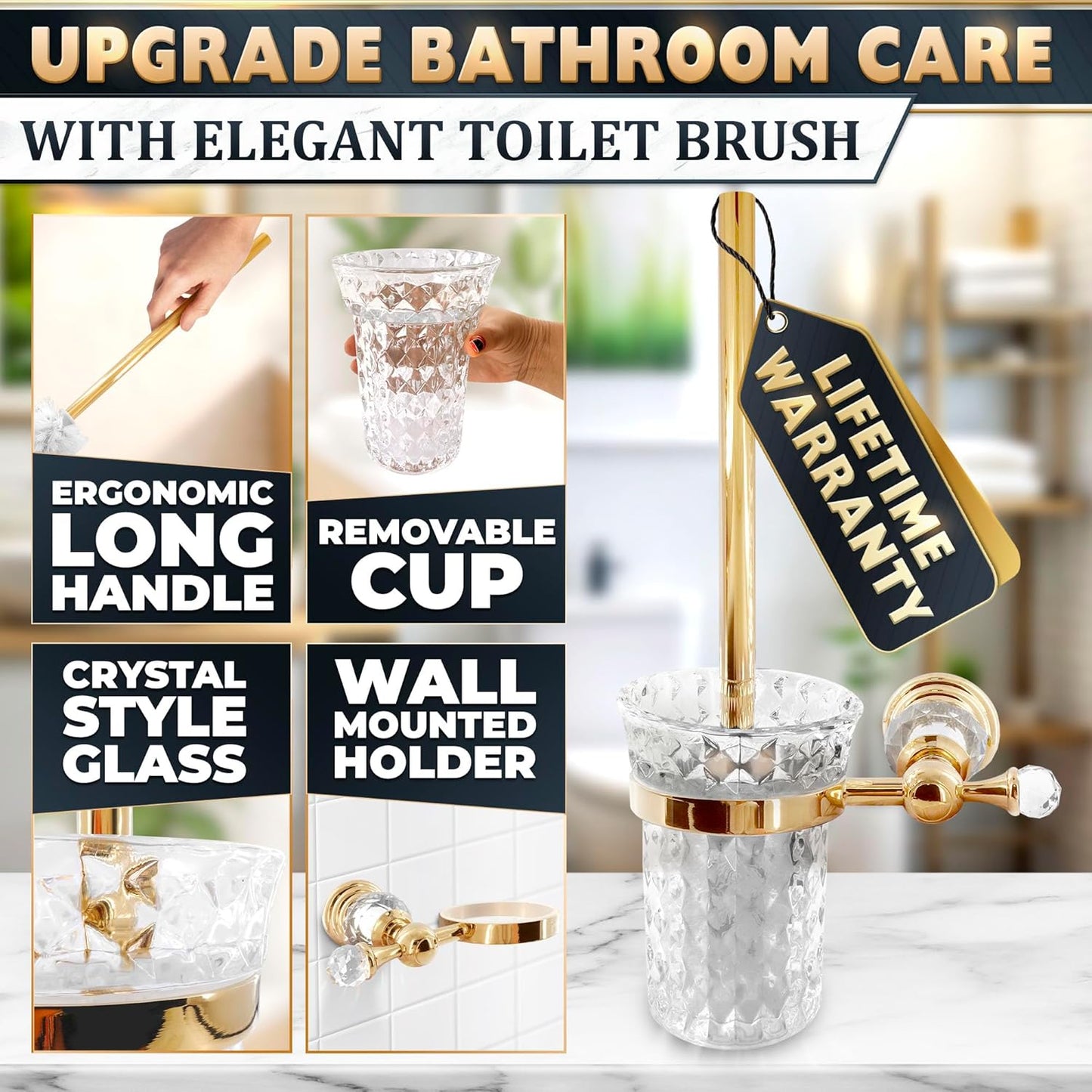 Gold Stainless Steel Toilet Brush with Crystal Toilet Brush Holder Set – Wall Mounted Holder, Replaceable Head, Decorative Space-Saving Design Bathroom Toilet Accessory Elegant Toilet Bowl Cleaner Set