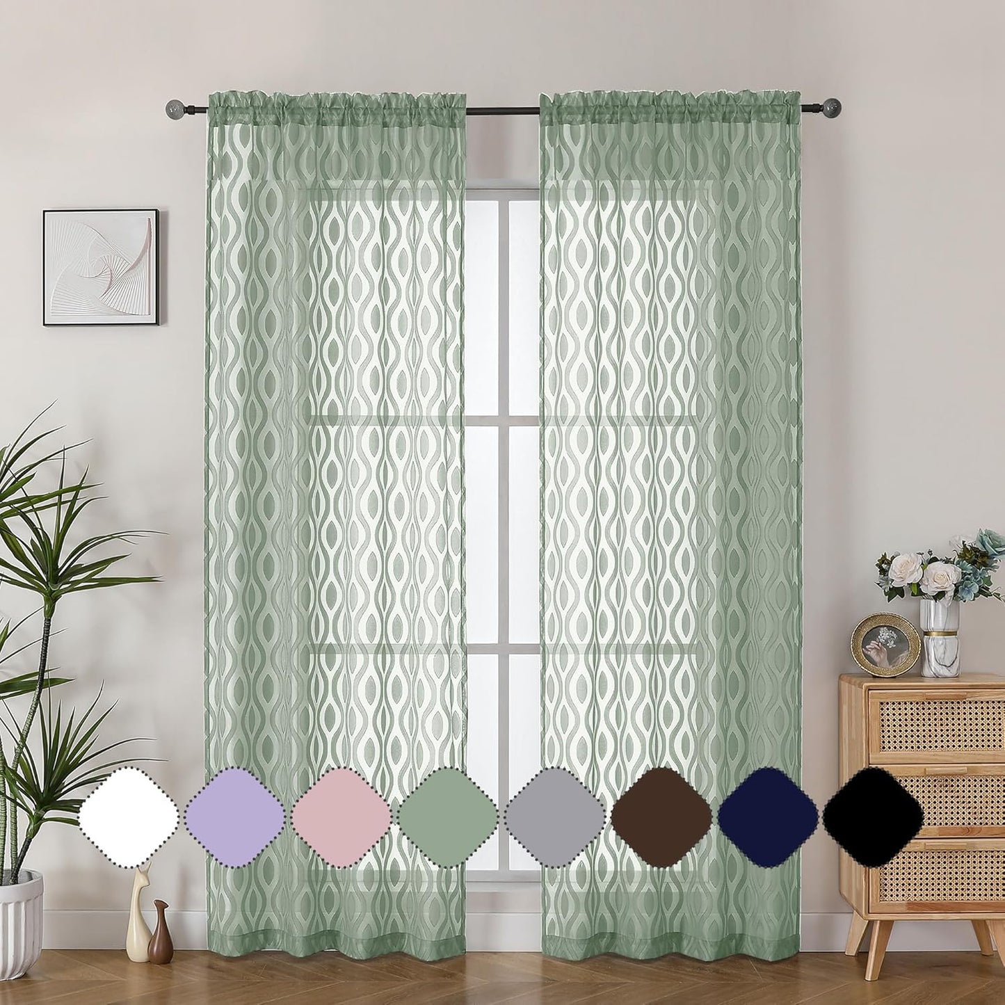 Aiyufeng Sheer Green Curtains 84 Inches Long 2 Panels, Modern Airy Light Filtering Wavy Line Clip Jacquard Window Treatments for Bedroom Living Room, Rod Pocket Curtain Drapes, Total 80 inches Width