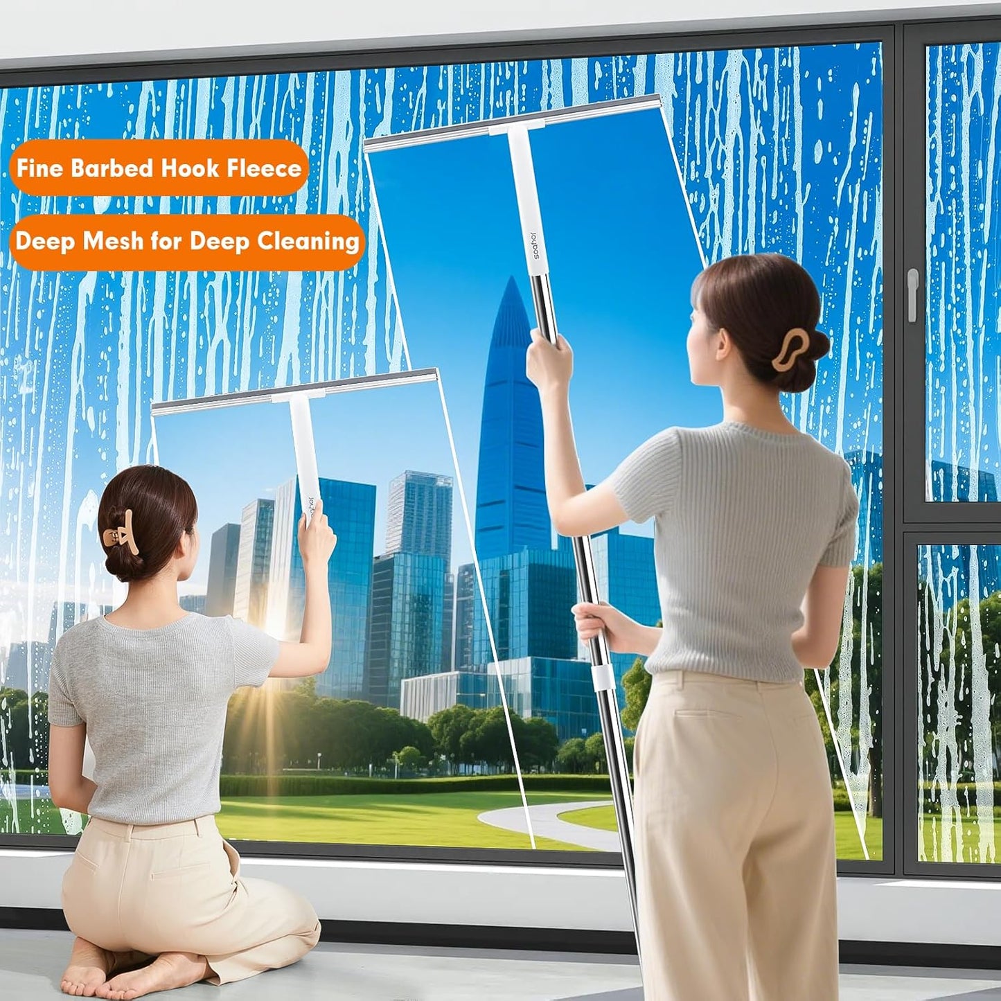 Rubber Floor Squeegee for Smooth Surface Concrete Floor, Tile Floor, Heavy Duty Garage Shower Floor Squeegee Broom for Removing Water, Commercial Scrubber Mop with Adjustable Long Handle