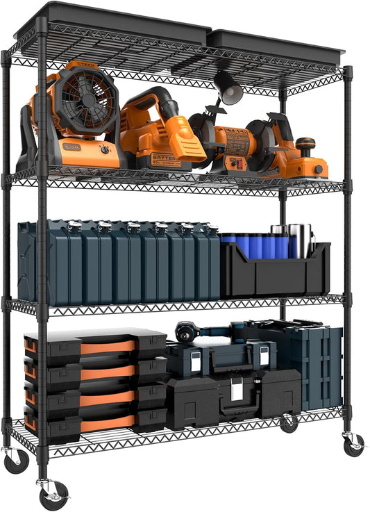 4 Tiers Storage Shelves Load 1400LBS, Metal Shelving Wire Metal Shelving Unit Shelves for Storage Adjustable Garage Shelving for Pantry Kitchen Garage Black 17.7" D x 47.3" W x 62.7" H