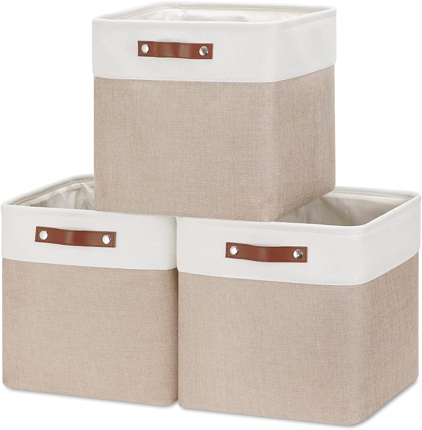 HNZIGE Cube Storage Baskets for Shelves Foldable Storage Baskets(3 Pack) Cube Storage Bin,13 Inch Storage Basket for Organizing with Leather Handles for Toys, Clothes, Kids, Closet (White&Beige)