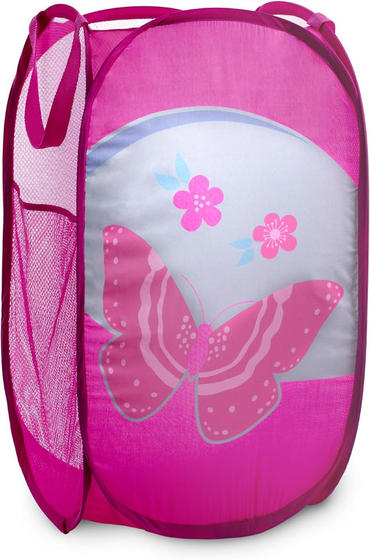 Handy Laundry Collapsible Mesh Pop Up Hamper with Wide Opening and Side Pocket - Breathable, Sturdy, Foldable, and Space-Saving Design for Clothes and Storage (Butterfly)