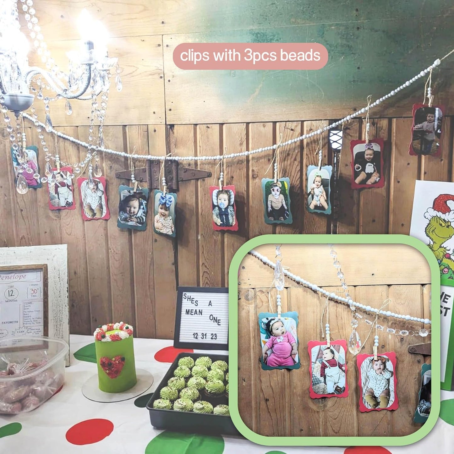 8 Feet Wooden Beads Garland with Clothespins Picture Cards Holder - Country Farmhouse Christmas Nursery Boho Holiday Decorations with Clips