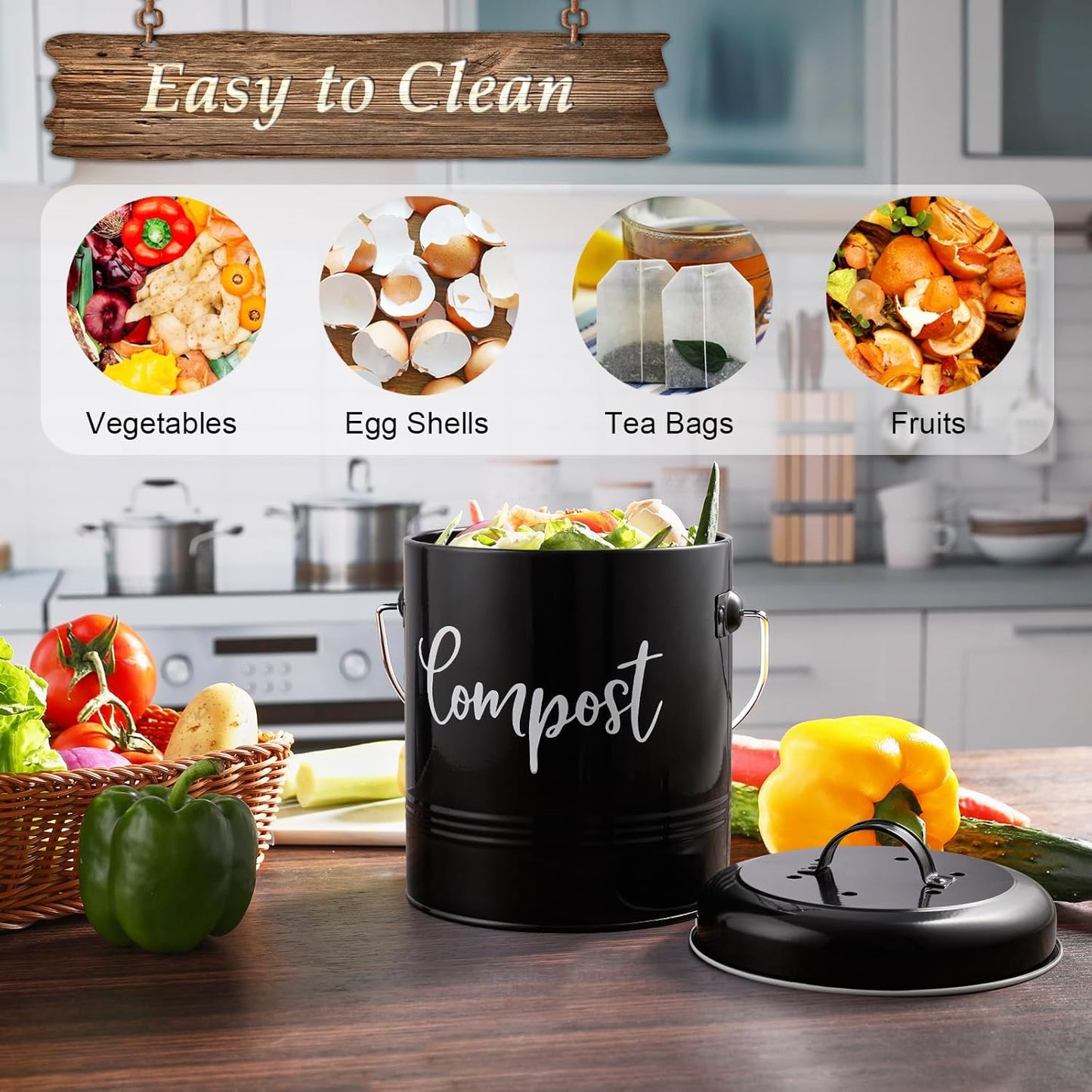 Compost Bin Kitchen, 1.3 Gallon Farmhouse Kitchen Compost Bin Countertop, Indoor Countertop Compost Bucket with Lid and Charcoal Filters, Black