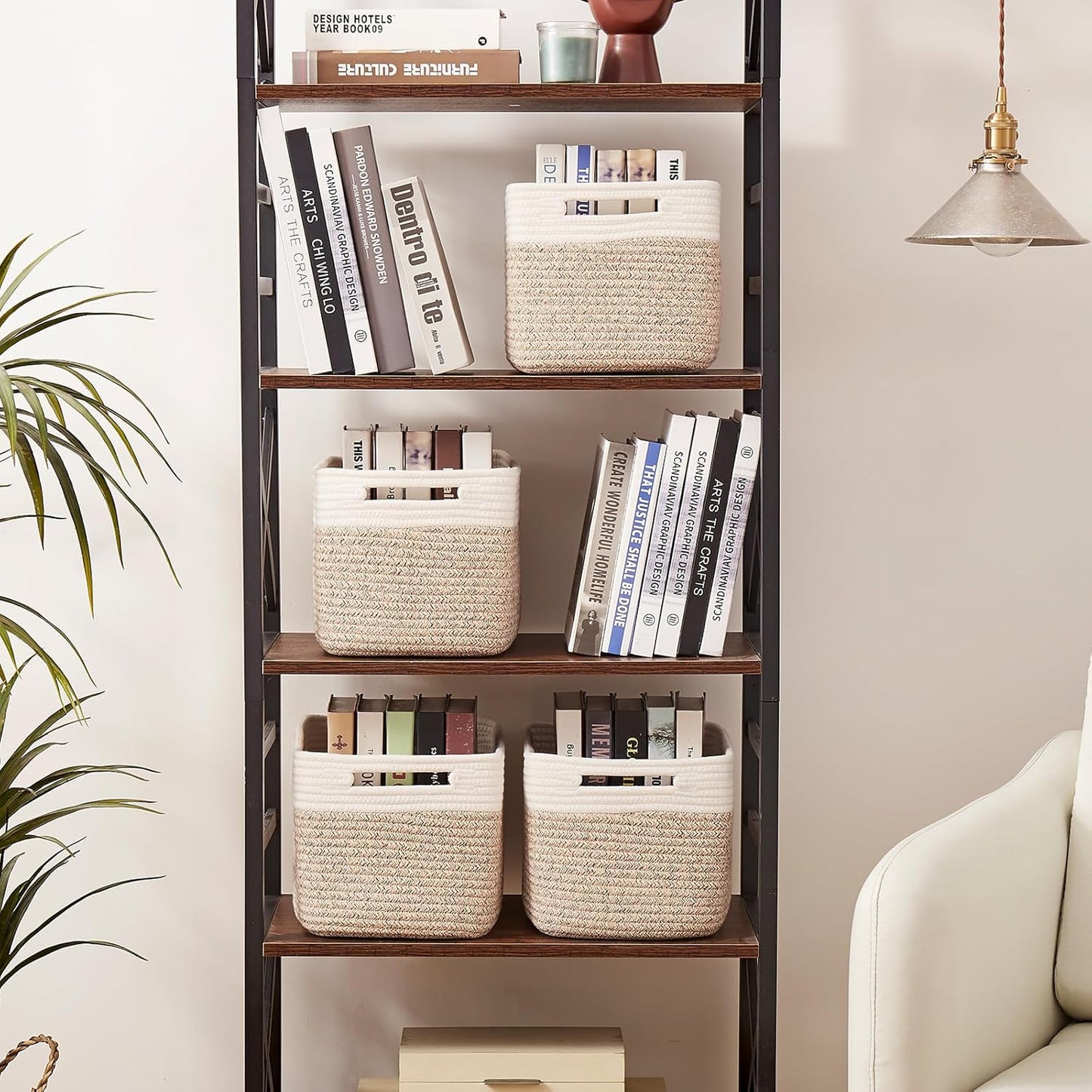 OIAHOMY 4 Pack Storage Baskets for Organizing, Basket for Shelves with Handle, Woven Baskets for Storage Toys, Towels, Books, Cotton Rope Basket 13" L x 9 " W x 7.8 " H, Brown & White